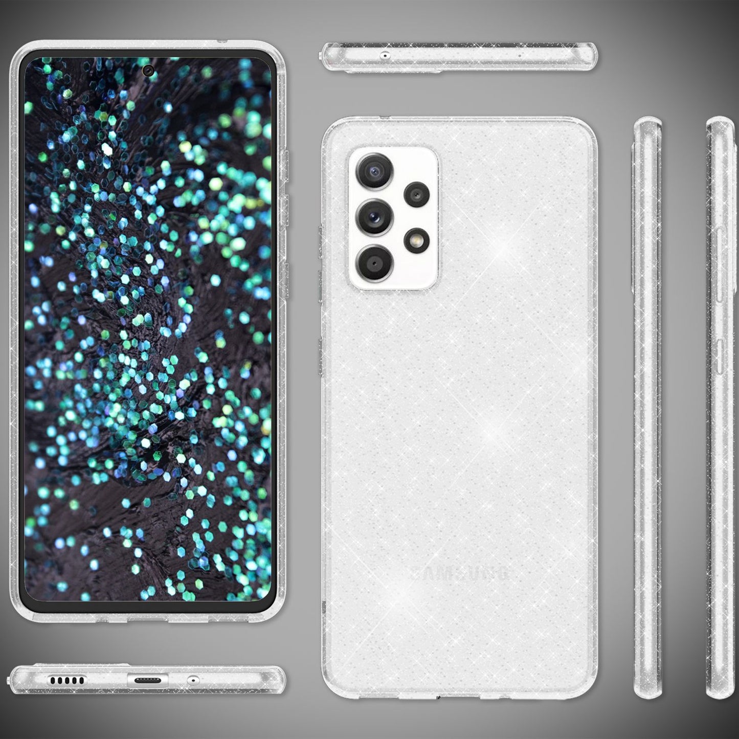 NALIA Klare Glitzerhülle - Transparente TPU Material, Glitzerpartikel, Passform Galaxy A53
