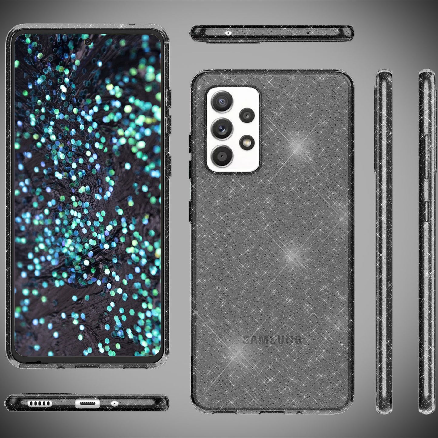 NALIA Klare Glitzerhülle - Transparente TPU Material, Glitzerpartikel, Passform Galaxy A53