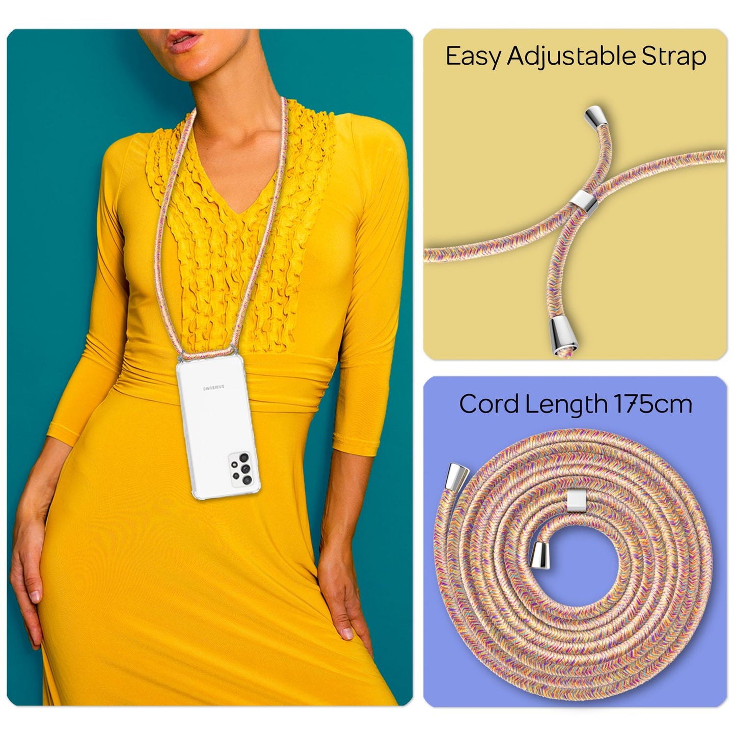 NALIA Handyhülle mit Kette für Samsung Galaxy A53, Transparente Schutzhülle & Handy-Schnur zum Umhängen, Robust Vergilbungsfrei Klar, Hardcase & Silikon Rahmen