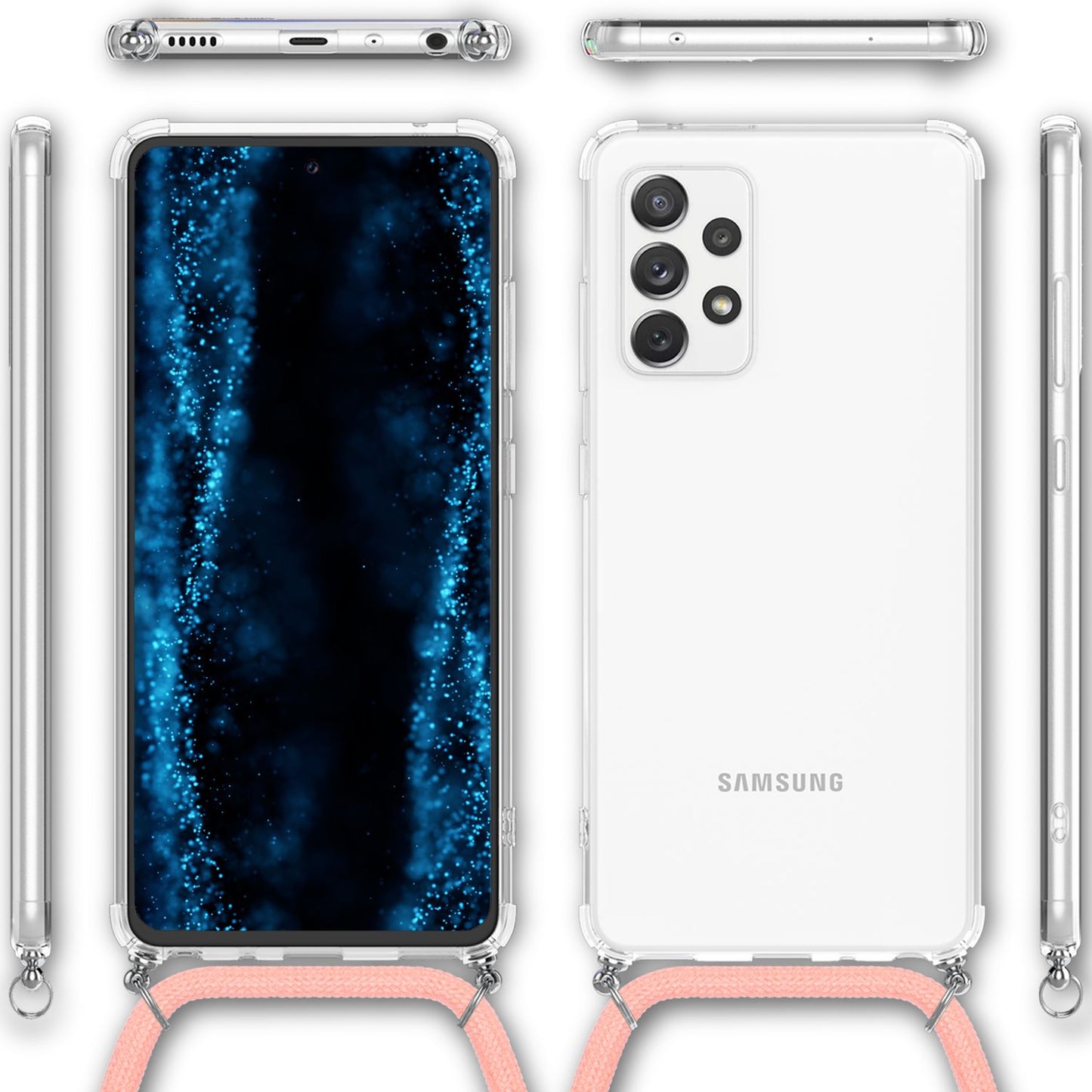 NALIA Handyhülle mit Kette für Samsung Galaxy A53, Transparente Schutzhülle & Handy-Schnur zum Umhängen, Robust Vergilbungsfrei Klar, Hardcase & Silikon Rahmen