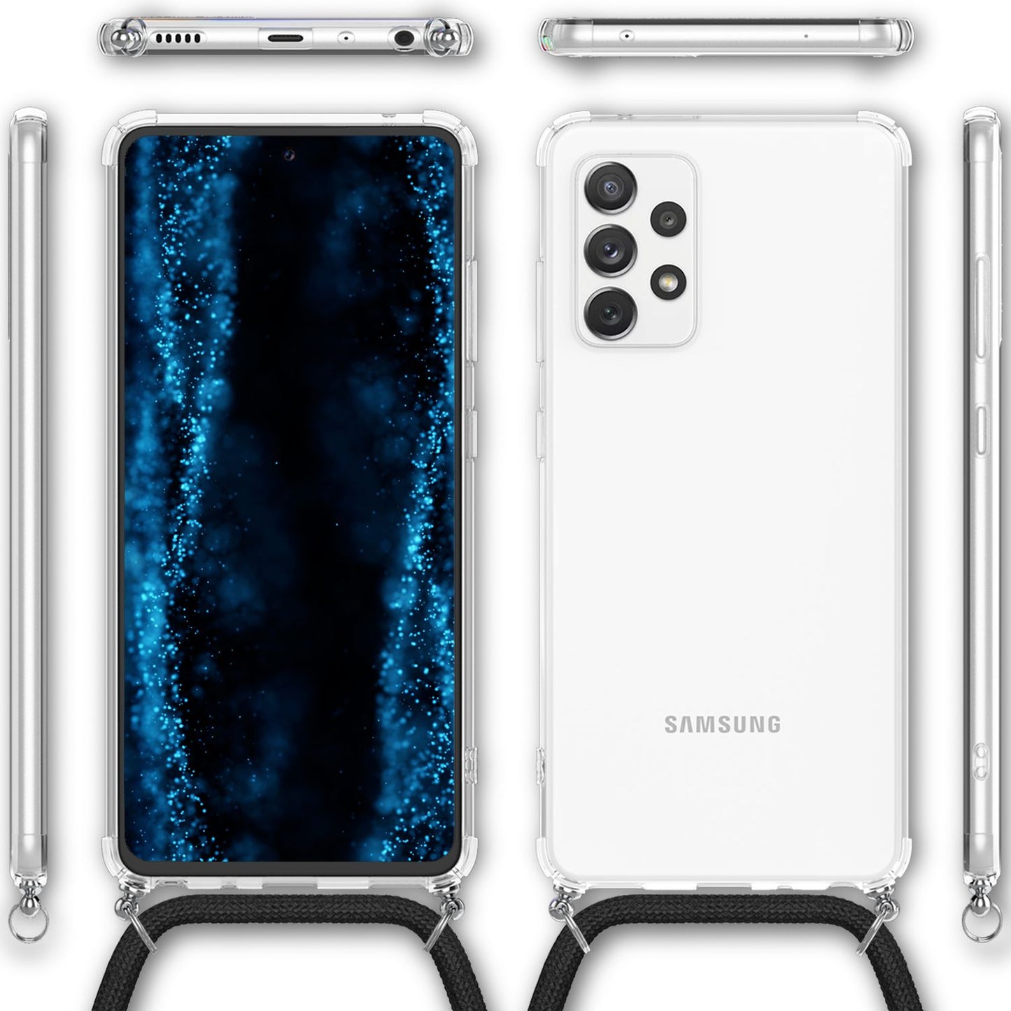 NALIA Handyhülle mit Kette für Samsung Galaxy A53, Transparente Schutzhülle & Handy-Schnur zum Umhängen, Robust Vergilbungsfrei Klar, Hardcase & Silikon Rahmen