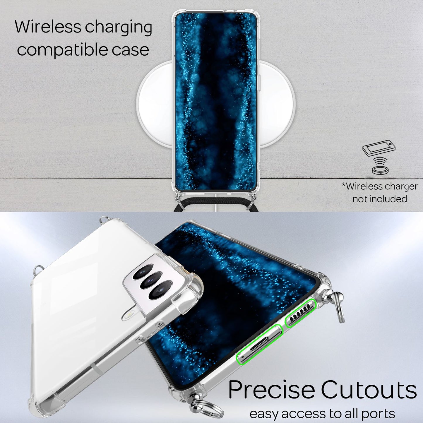 NALIA Handyhülle mit Kette für Samsung Galaxy S22 Plus, Transparente Schutzhülle & Handy-Schnur zum Umhängen, Robust Vergilbungsfrei Klar