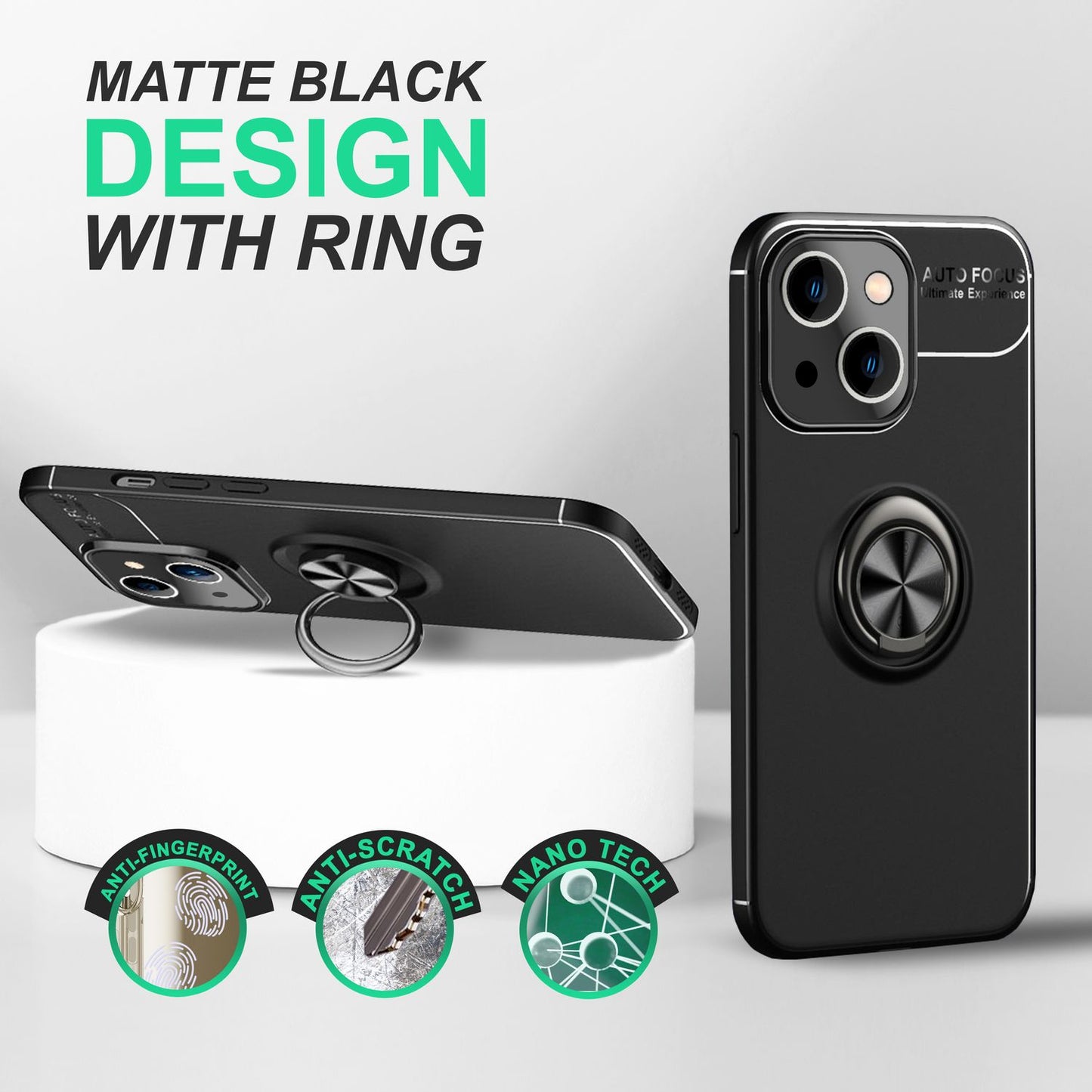 Hülle für iPhone 14 Plus - Matt Schwarz Ring Handyhülle Aufsteller Ständer Cover