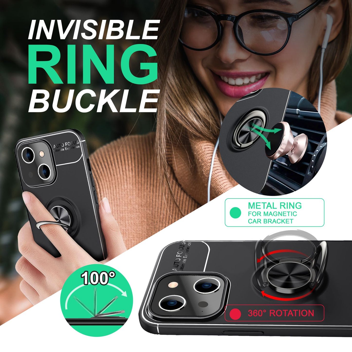 Hülle für iPhone 14 Plus - Matt Schwarz Ring Handyhülle Aufsteller Ständer Cover