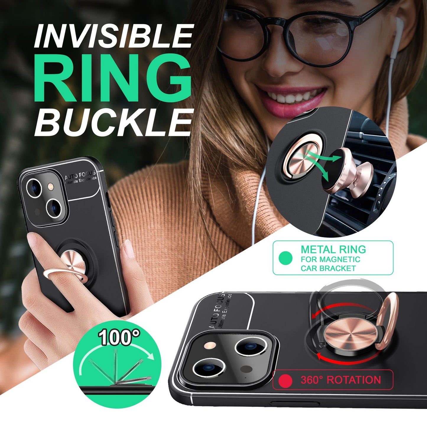 Hülle für iPhone 14 Plus - Matt Schwarz Ring Handyhülle Aufsteller Ständer Cover