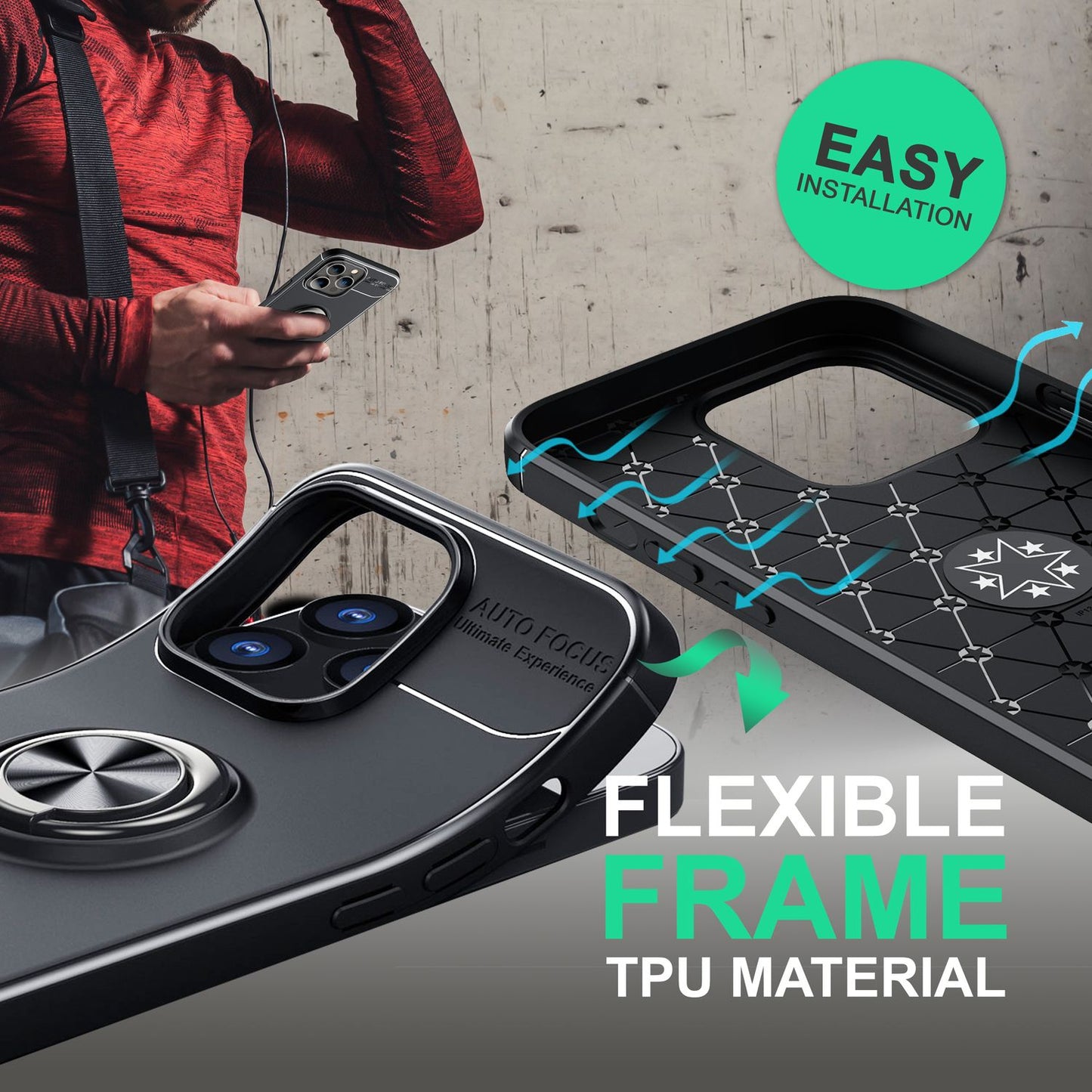 Carcasă pentru iPhone 14 Pro - Carcasă telefon cu inel negru mat și suport