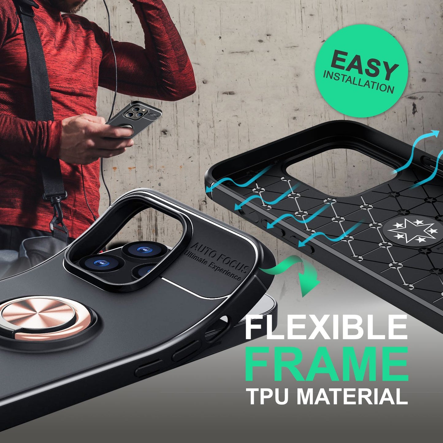 Hülle für iPhone 14 Pro Max - Matt Schwarze Ring Handyhülle Aufsteller Ständer