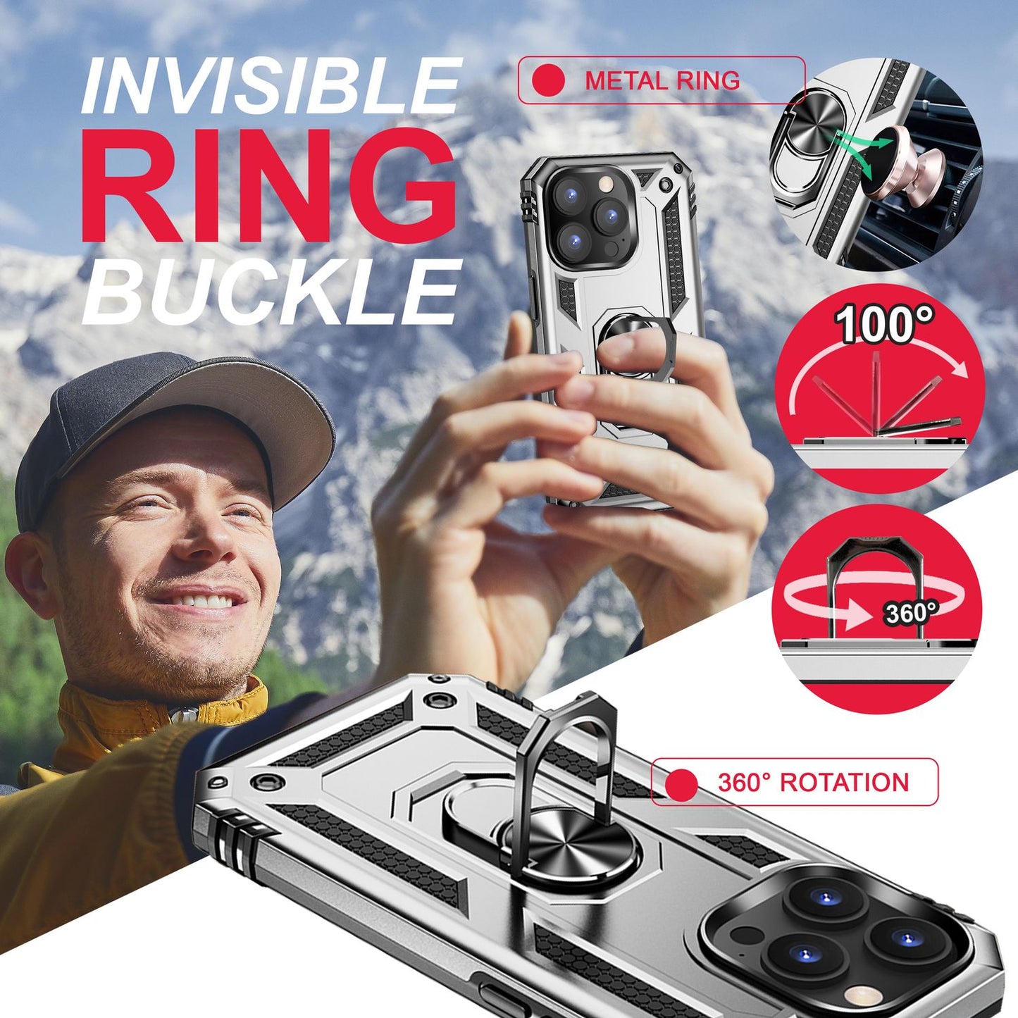 Carcasă RingDefend pentru iPhone 14 Pro Max - Carcasă de exterior rezistentă la șocuri - Material hibrid - Dimensiuni 158x77x12