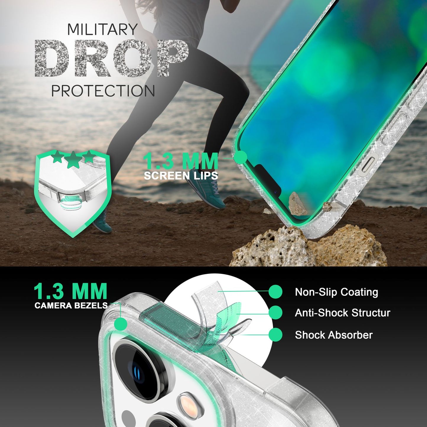 Husă NALIA Berlin Dazzlin cu sclipici - Husă transparentă cu sclipici anti-gălbui, Dimensiune 6,1 inci, Grosime 1,0 mm, Greutate 12 g