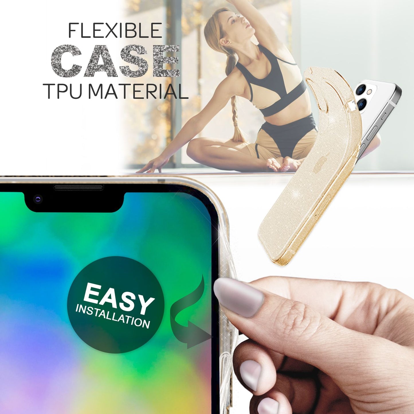 Husă NALIA Berlin Dazzlin cu sclipici - Husă transparentă cu sclipici anti-gălbui, Dimensiune 6,1 inci, Grosime 1,0 mm, Greutate 12 g