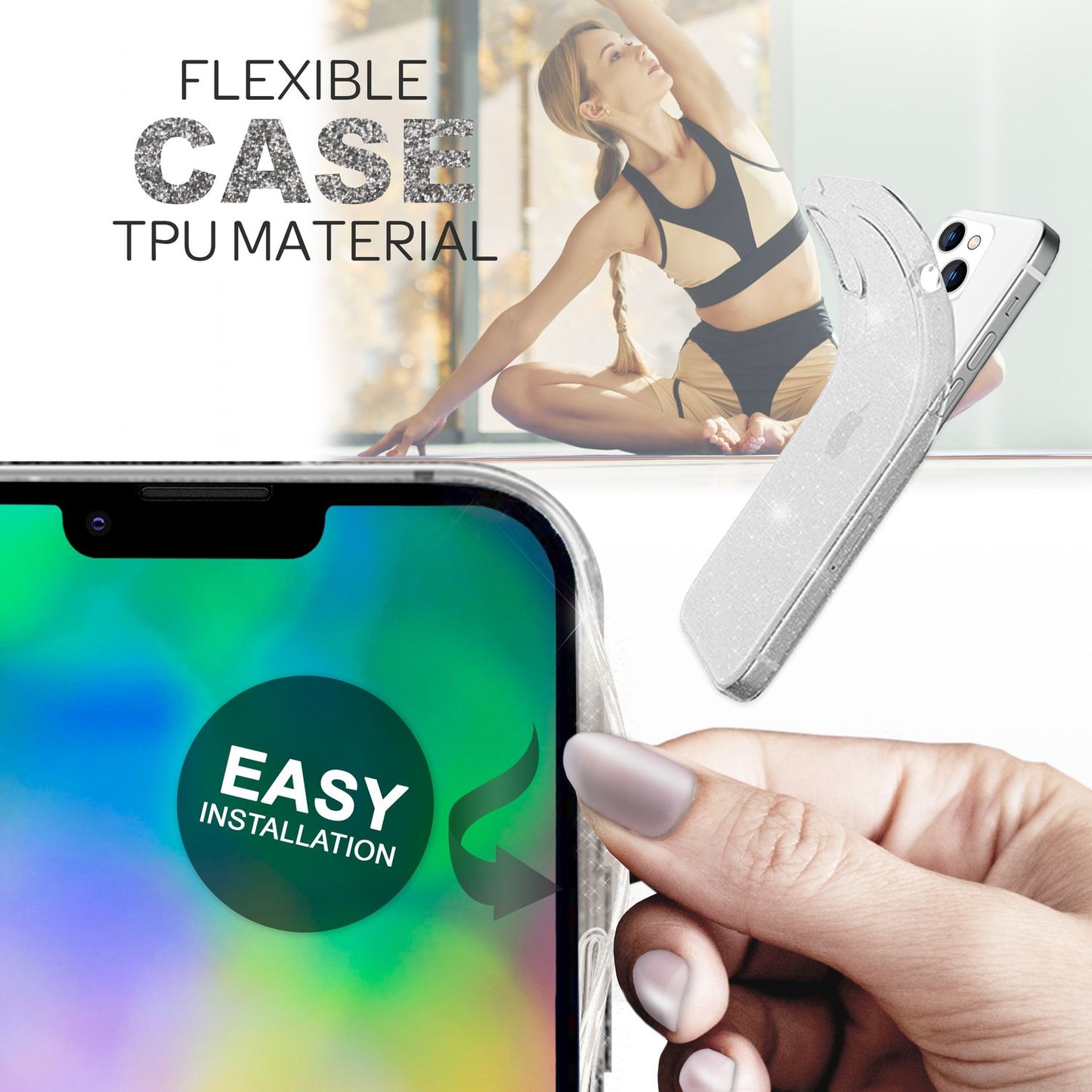 Husă NALIA Berlin Dazzlin cu sclipici - Husă transparentă cu sclipici anti-gălbui, Dimensiune 6,1 inci, Grosime 1,0 mm, Greutate 12 g