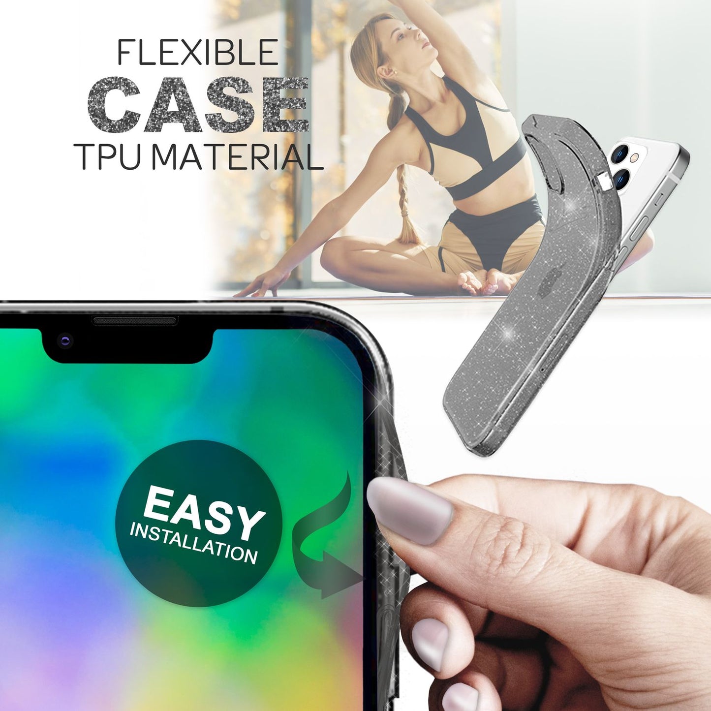 Husă NALIA Berlin Dazzlin cu sclipici - Husă transparentă cu sclipici anti-gălbui, Dimensiune 6,1 inci, Grosime 1,0 mm, Greutate 12 g