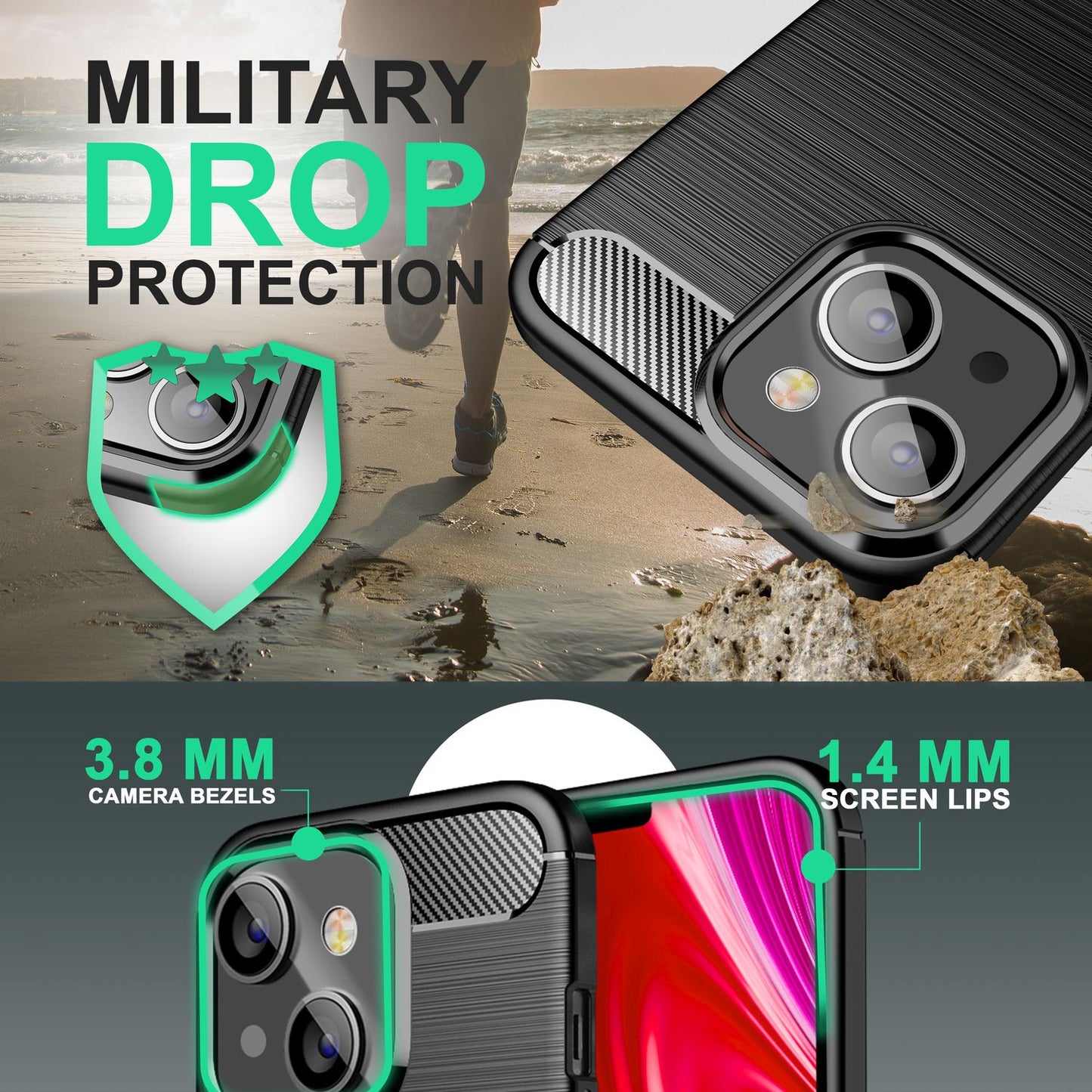 Carcasă pentru iPhone 14 Plus, aspect carbon, neagră, antiderapantă, carcasă de protecție pentru telefon