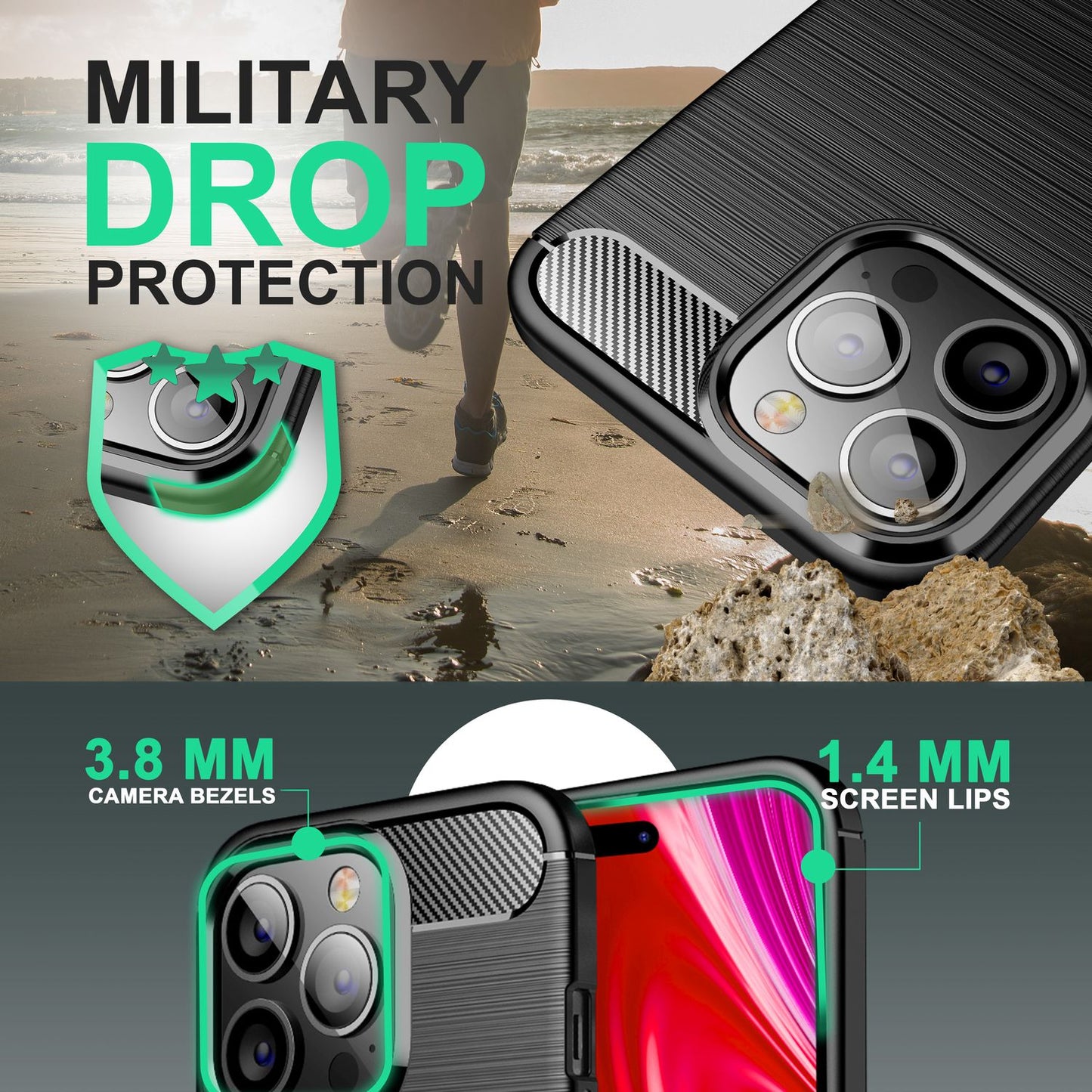 Carcasă pentru iPhone 14 Pro Max - Carcasă de telefon TPU antiderapantă, aspect carbon, negru mat