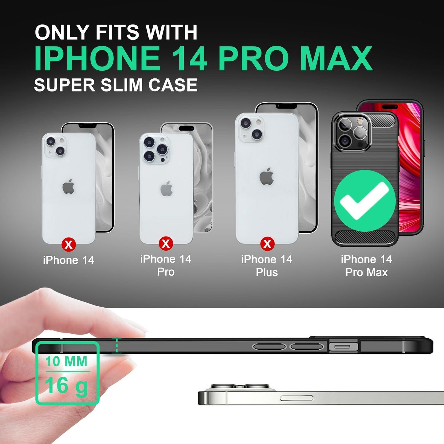 Carcasă pentru iPhone 14 Pro Max - Carcasă de telefon TPU antiderapantă, aspect carbon, negru mat