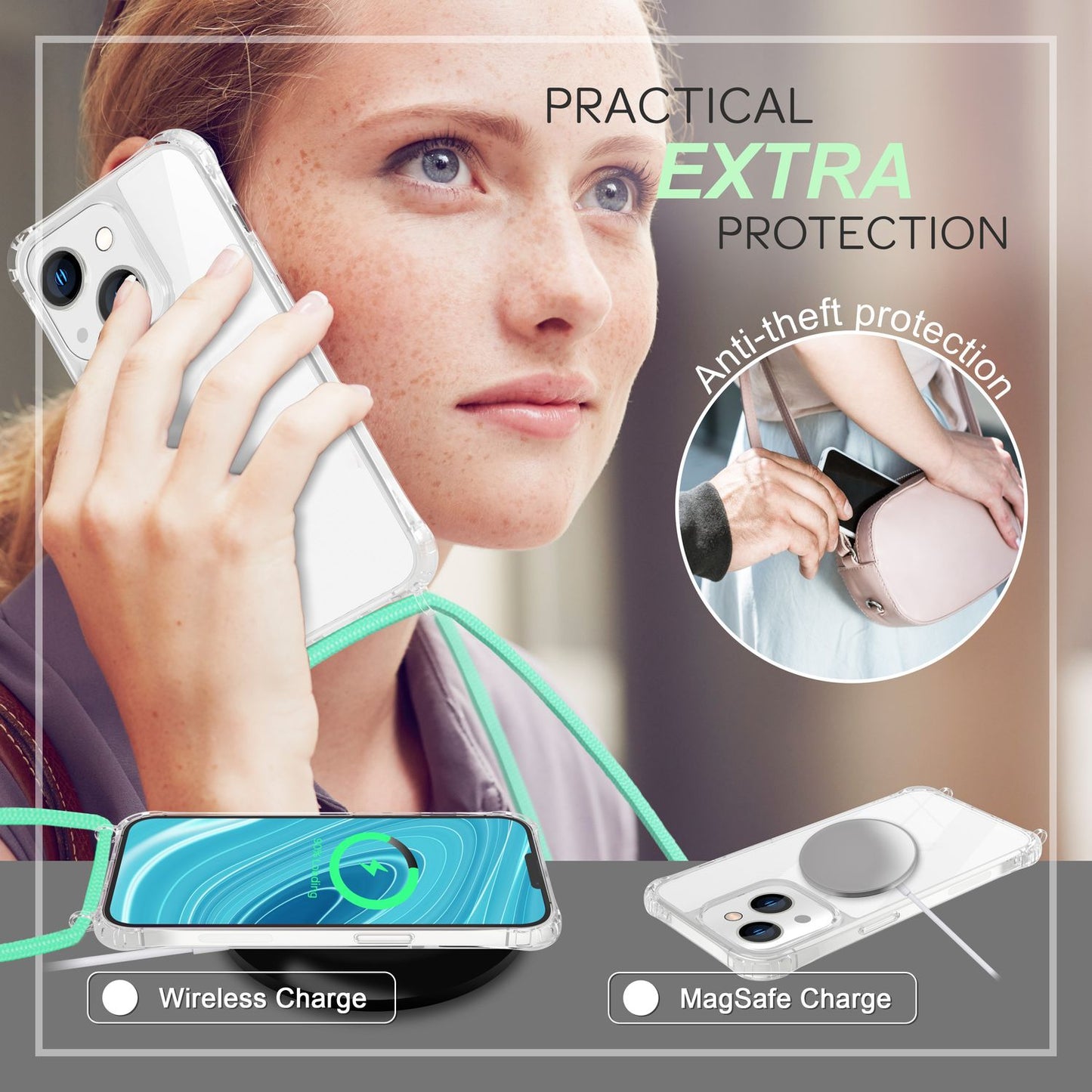 Husă iPhone 14 cu lanț - Husă transparentă de telefon cu curea de șnur pentru purtare în jurul gâtului