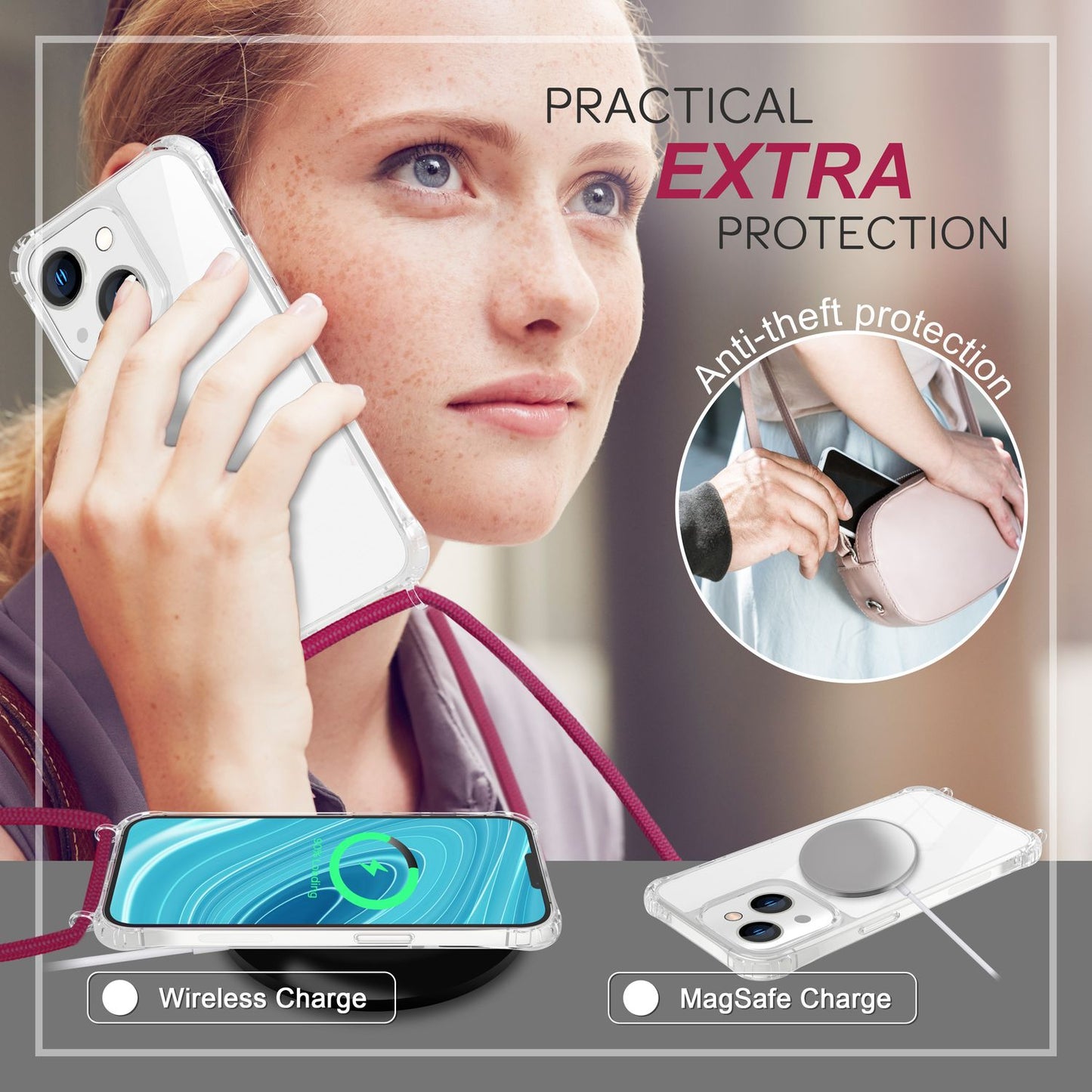 Husă iPhone 14 cu lanț - Husă transparentă de telefon cu curea de șnur pentru purtare în jurul gâtului