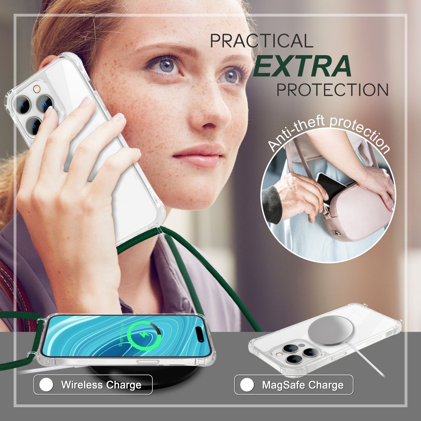 Hülle mit Kette für iPhone 14 Pro - Klare Handyhülle mit Schnur zum Umhängen