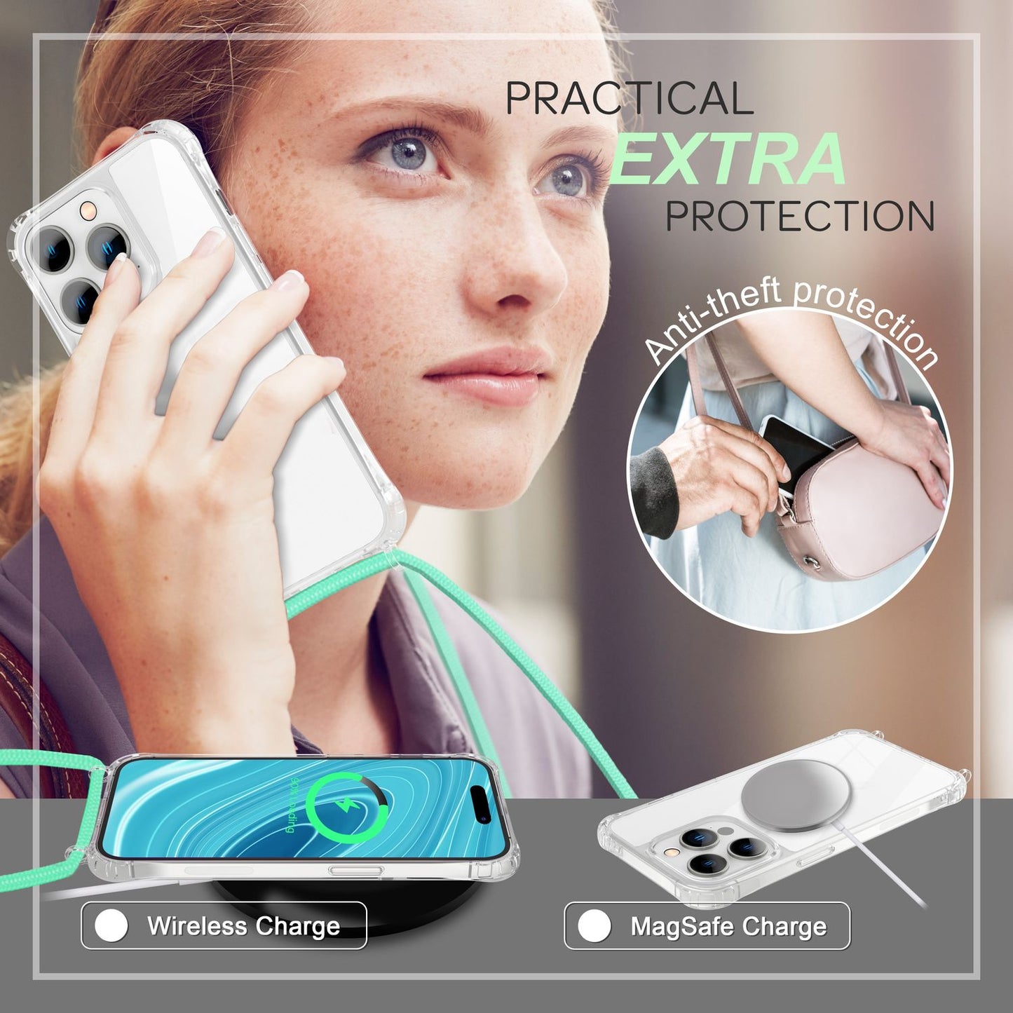 Husă cu lanț pentru iPhone 14 Pro Max - Husă transparentă de telefon cu curea pentru purtare în jurul gâtului