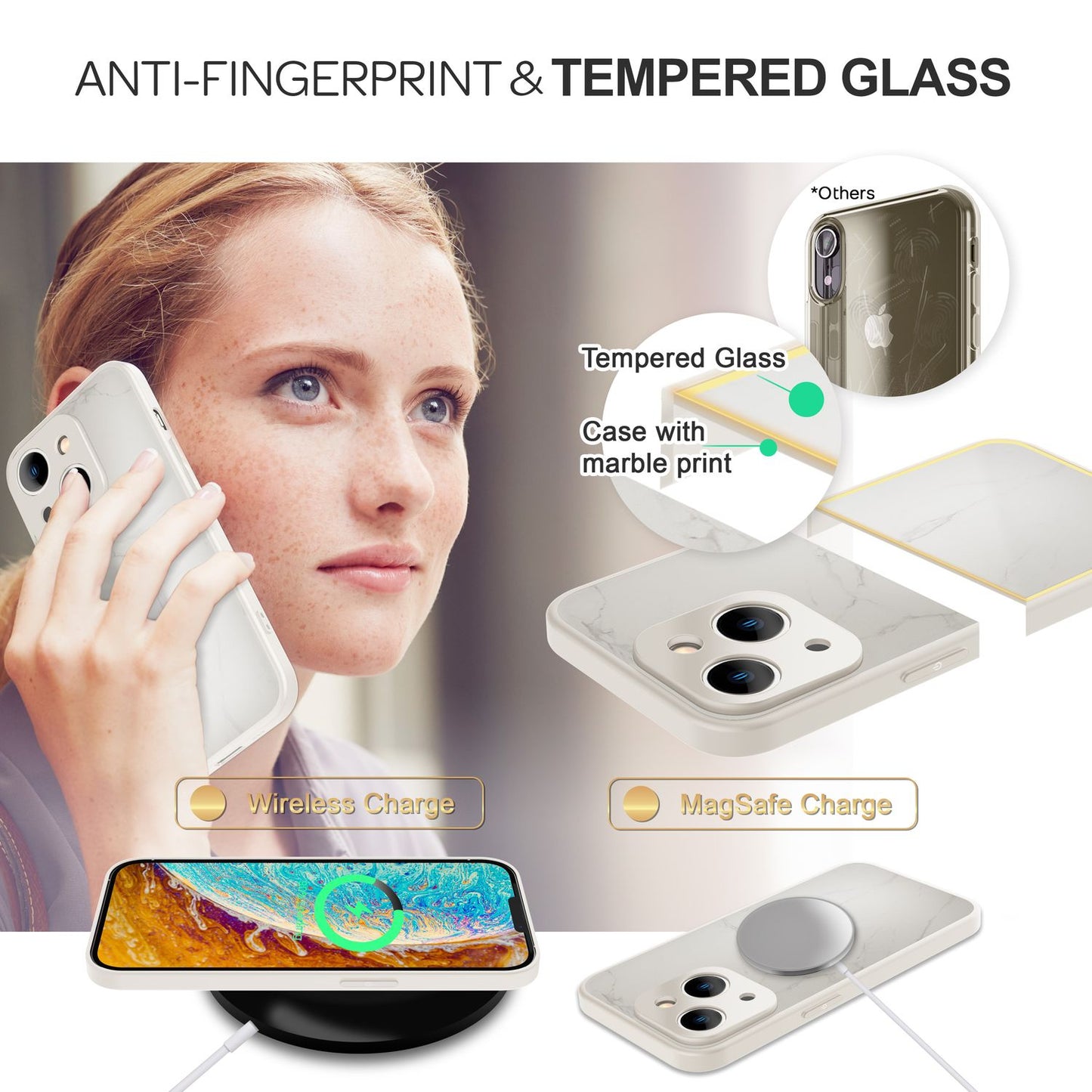 Glas Hülle für iPhone 14 Plus, Marmor Look Hardcase Silikon Rahmen Handy Cover