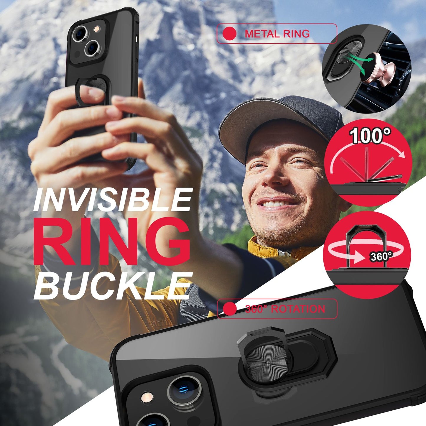 Ring Hülle für iPhone 14 - Klar Transparent Schutz Rahmen 360° Ring Aufsteller