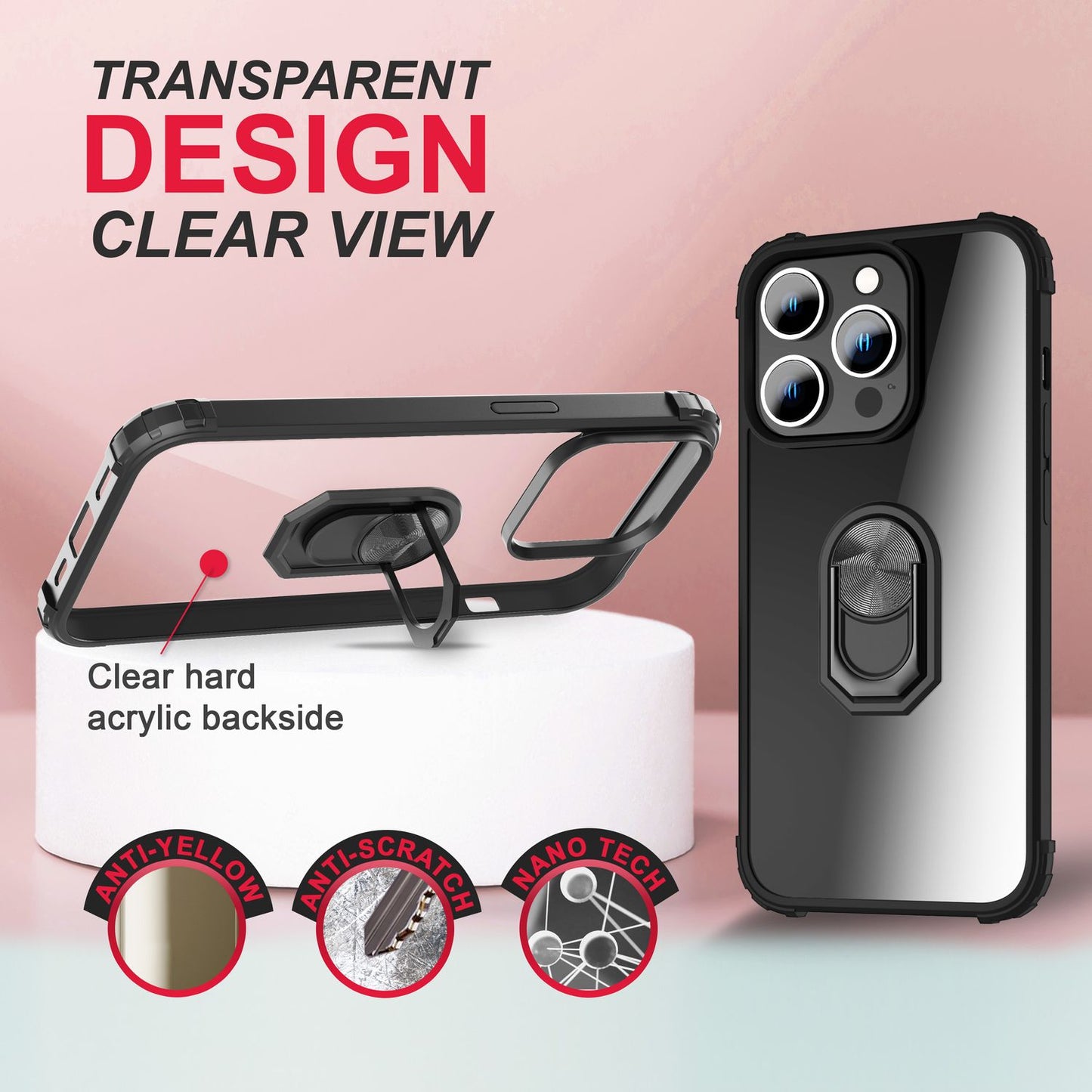 Ring Hülle für iPhone 14 Pro Max - Klar Transparent Schutz Rahmen 360° Ring Case
