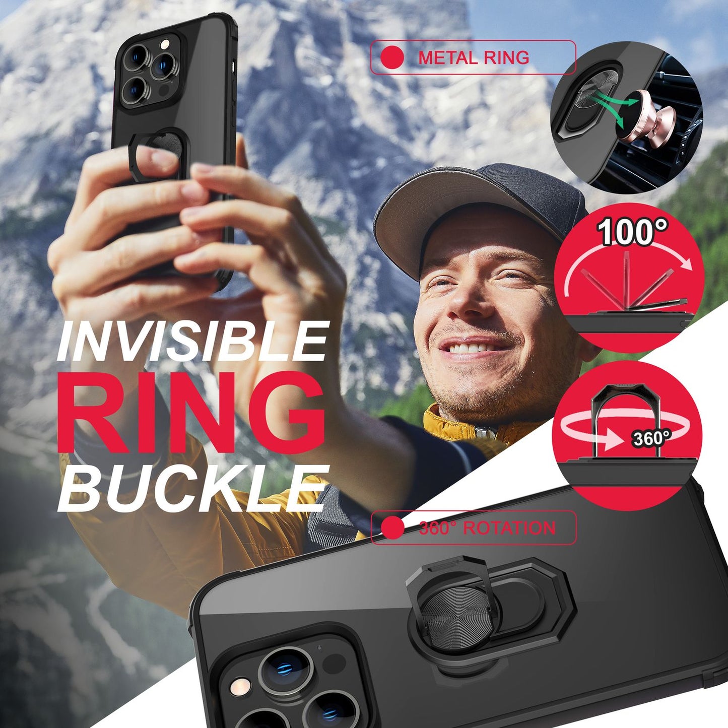 Ring Hülle für iPhone 14 Pro Max - Klar Transparent Schutz Rahmen 360° Ring Case