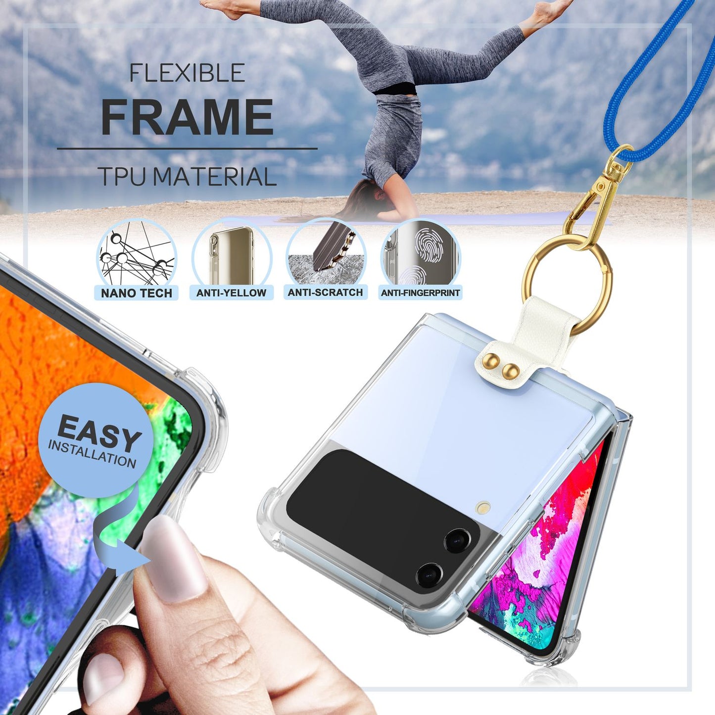 Husă crossbody pentru Samsung Galaxy Z Flip4, transparentă, cu inel pentru cablu și curea