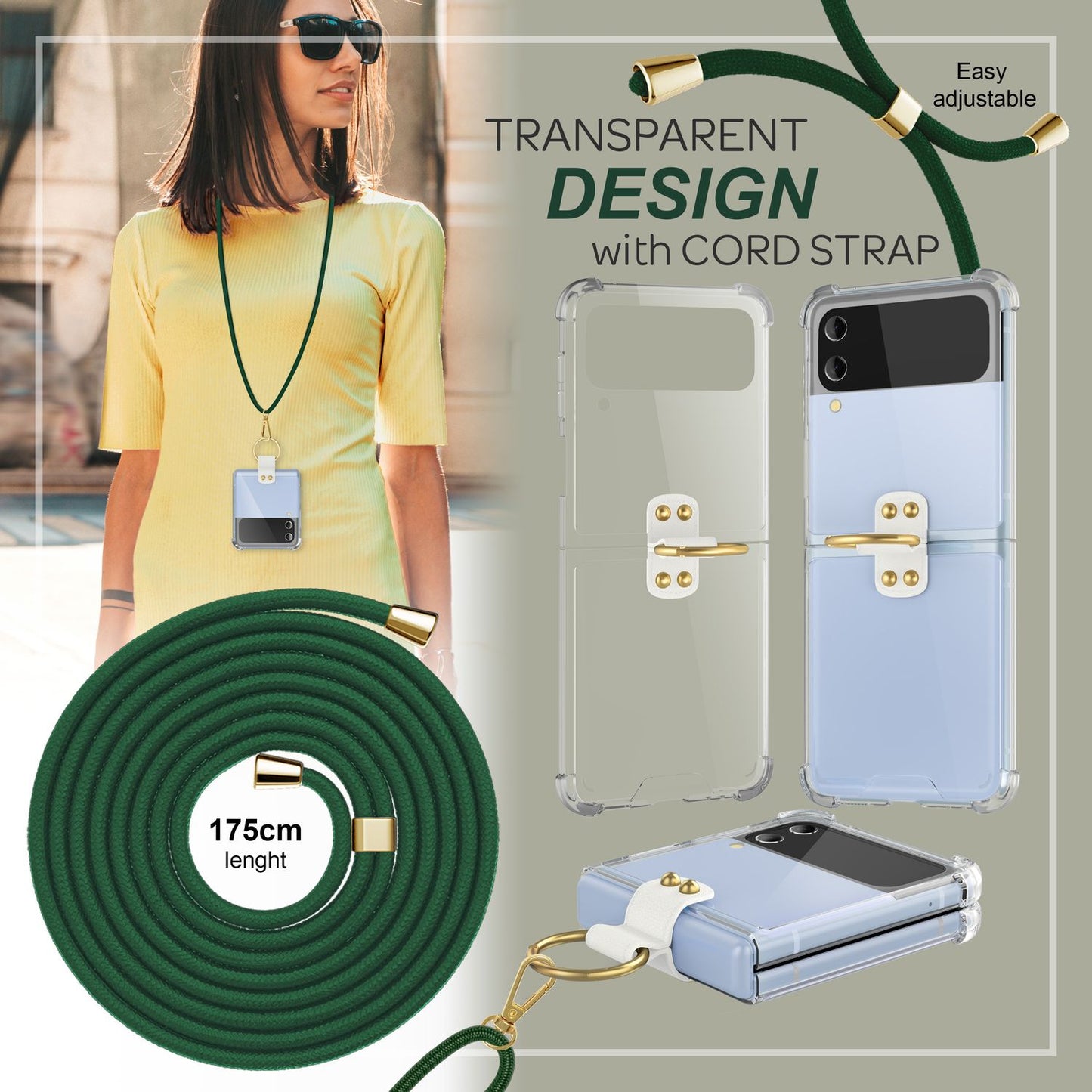 Husă crossbody pentru Samsung Galaxy Z Flip4, transparentă, cu inel pentru cablu și curea