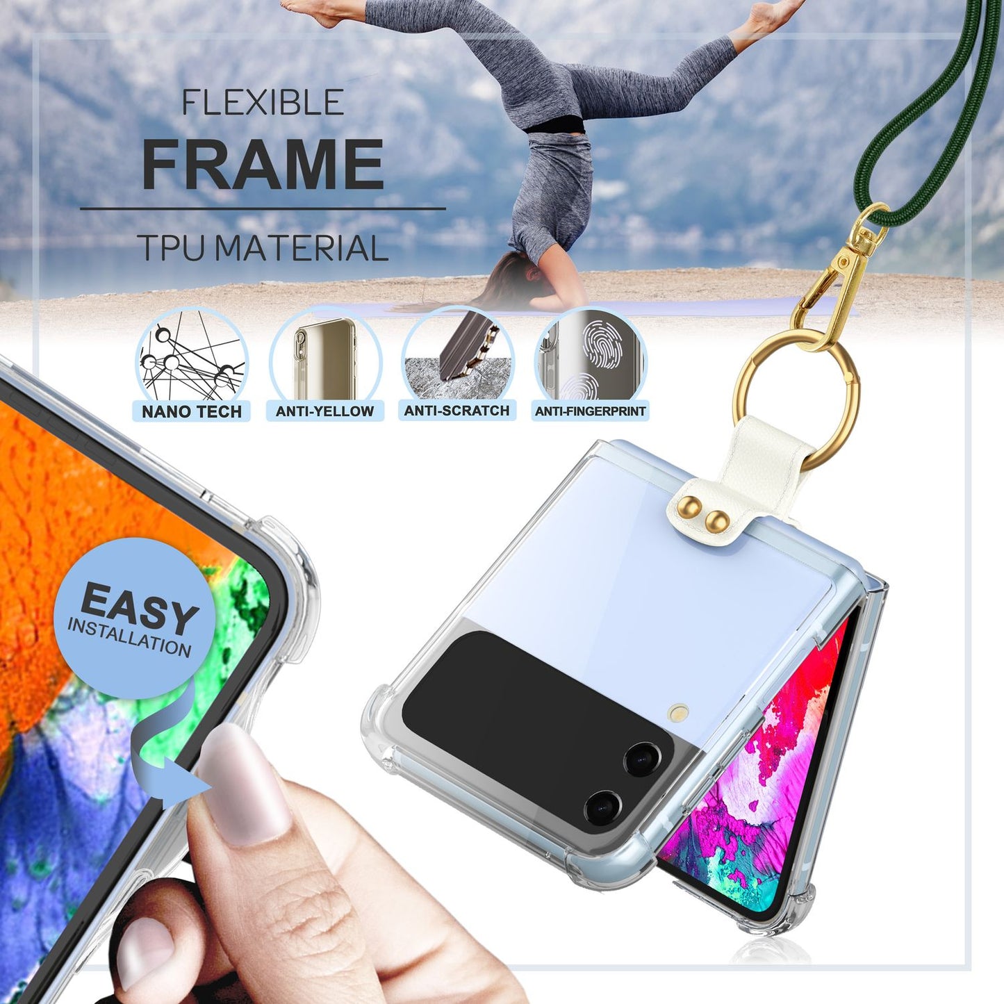 Husă crossbody pentru Samsung Galaxy Z Flip4, transparentă, cu inel pentru cablu și curea