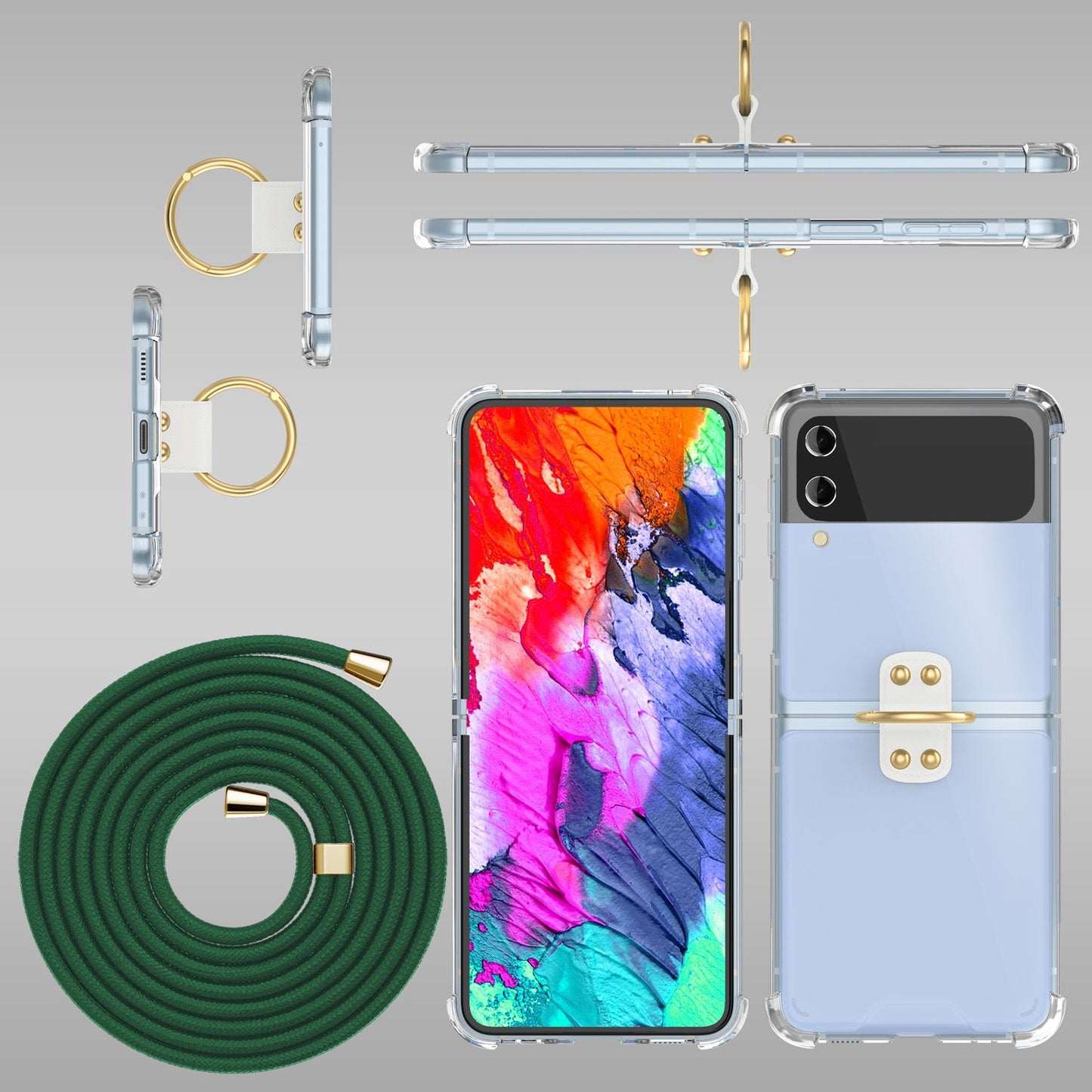 Husă crossbody pentru Samsung Galaxy Z Flip4, transparentă, cu inel pentru cablu și curea