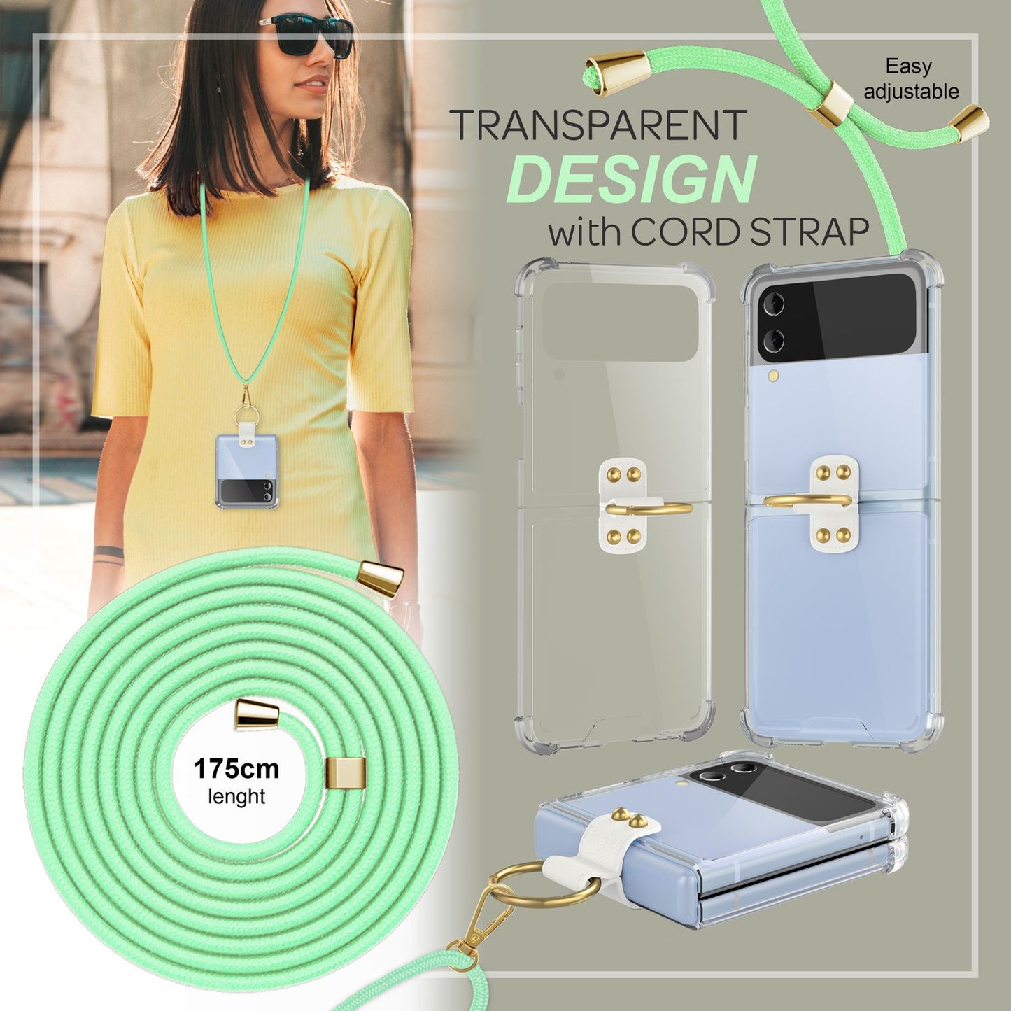 Husă crossbody pentru Samsung Galaxy Z Flip4, transparentă, cu inel pentru cablu și curea