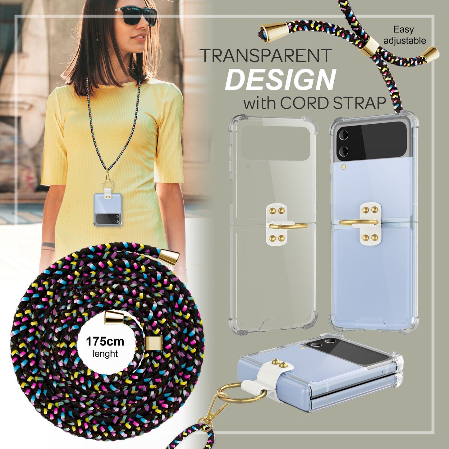 Husă crossbody pentru Samsung Galaxy Z Flip4, transparentă, cu inel pentru cablu și curea