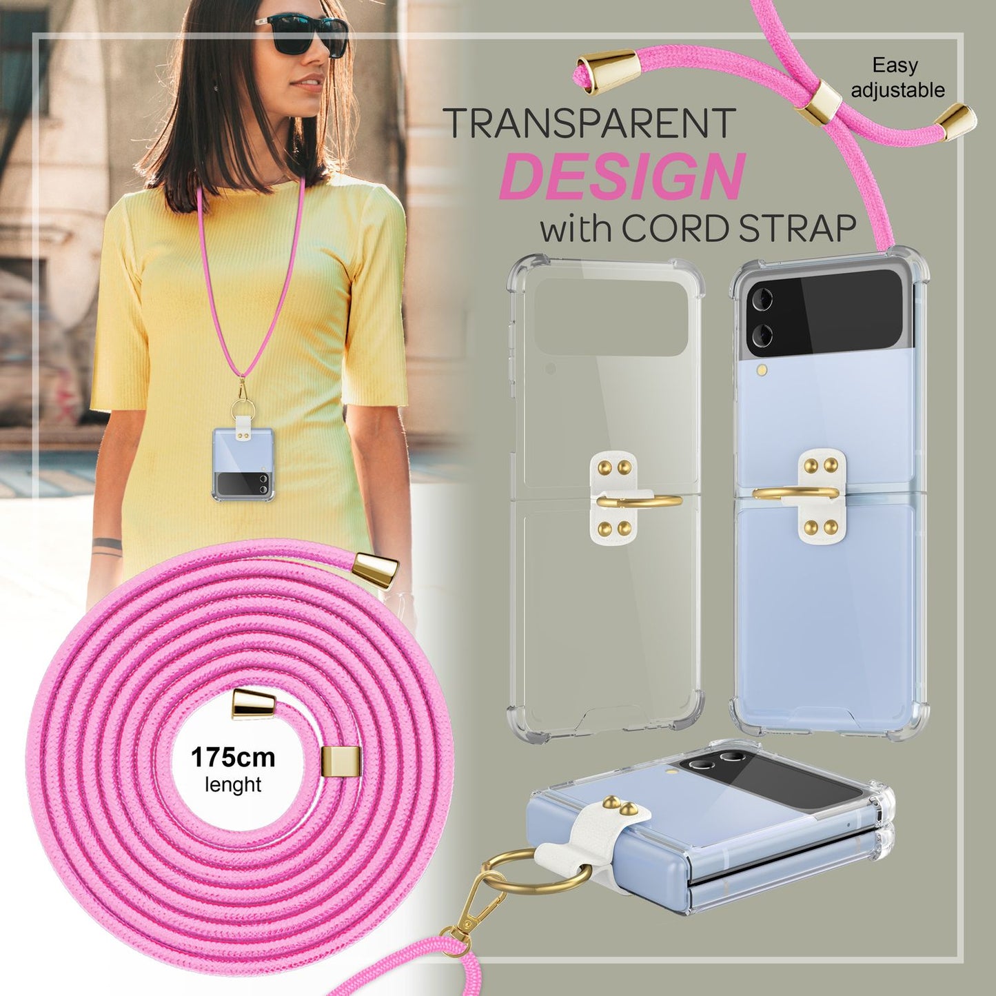 Husă crossbody pentru Samsung Galaxy Z Flip4, transparentă, cu inel pentru cablu și curea