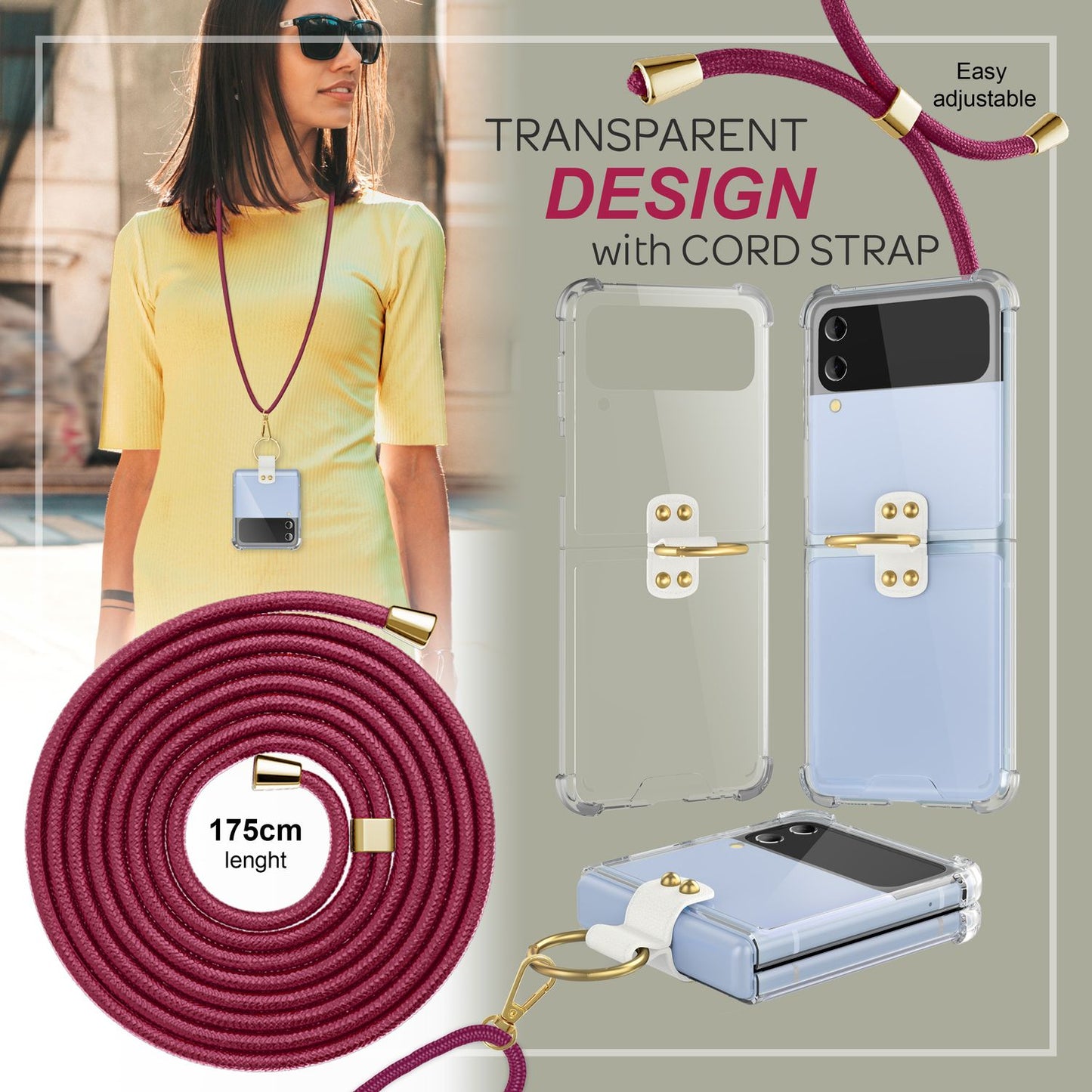 Husă crossbody pentru Samsung Galaxy Z Flip4, transparentă, cu inel pentru cablu și curea