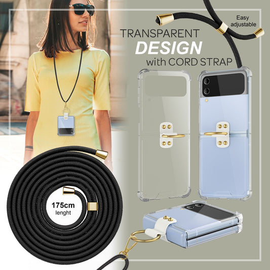 Husă crossbody pentru Samsung Galaxy Z Flip4, transparentă, cu inel pentru cablu și curea