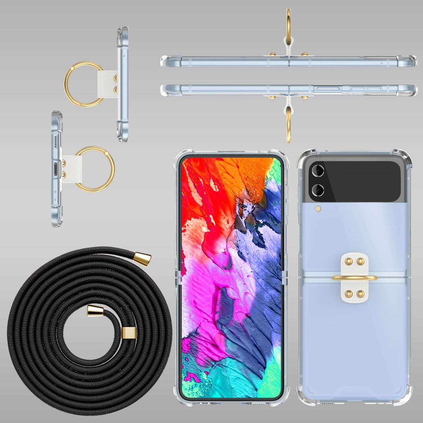 Husă crossbody pentru Samsung Galaxy Z Flip4, transparentă, cu inel pentru cablu și curea