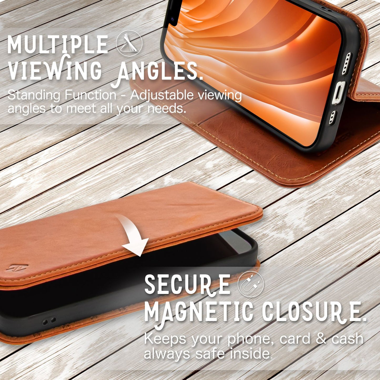 Husă NALIA din piele naturală cu clapă și protecție RFID - 2 sloturi pentru carduri, dimensiuni: 145x70x15