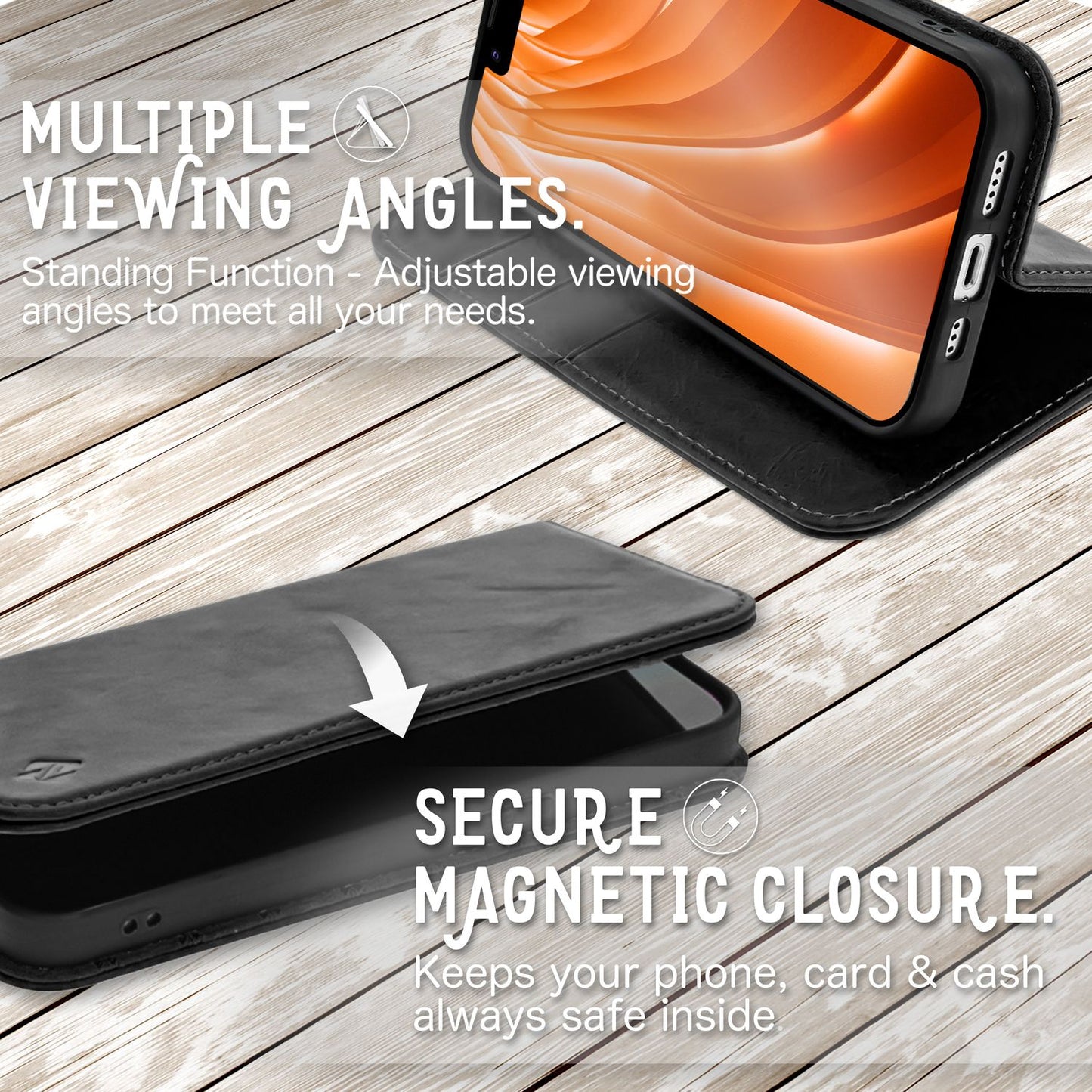 Husă NALIA din piele naturală cu clapă și protecție RFID - 2 sloturi pentru carduri, dimensiuni: 145x70x15