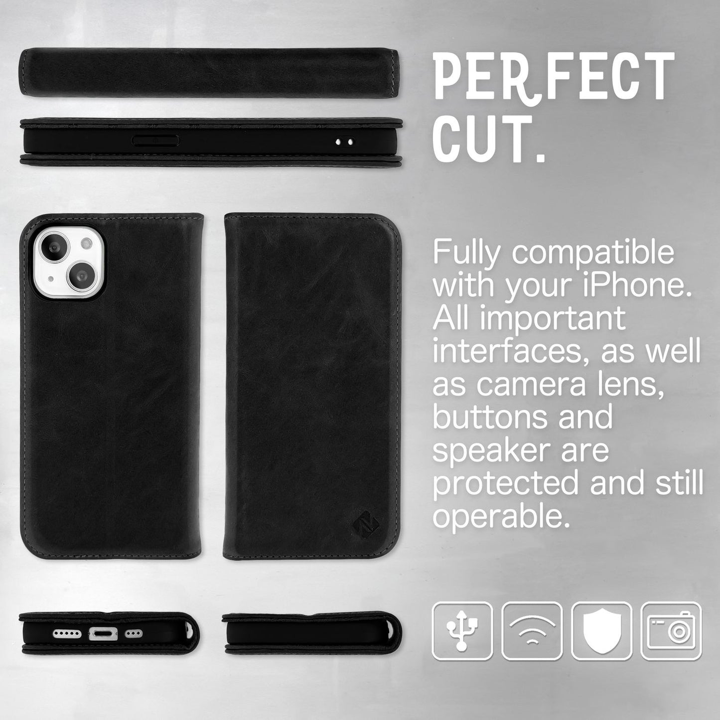 Husă NALIA din piele naturală cu clapă și protecție RFID - 2 sloturi pentru carduri, dimensiuni: 145x70x15