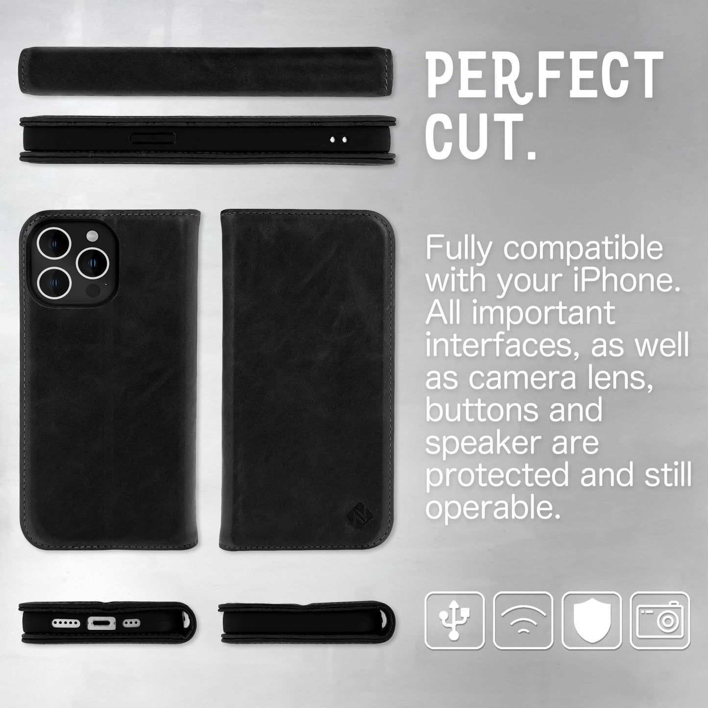 Echt Leder Hülle für iPhone 14 Pro, RFID Schutz Flipcase Klapphülle Schutzhülle