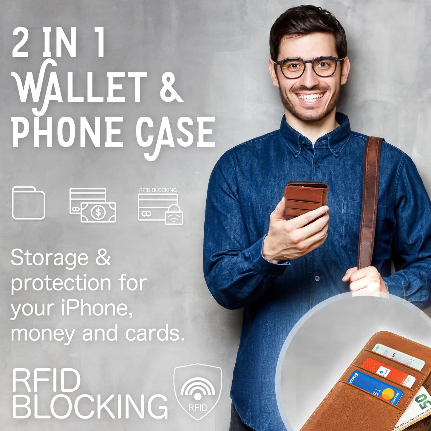 Echt Leder Hülle für iPhone 14 Pro Max, RFID Schutz Flipcase Handy Schutzhülle