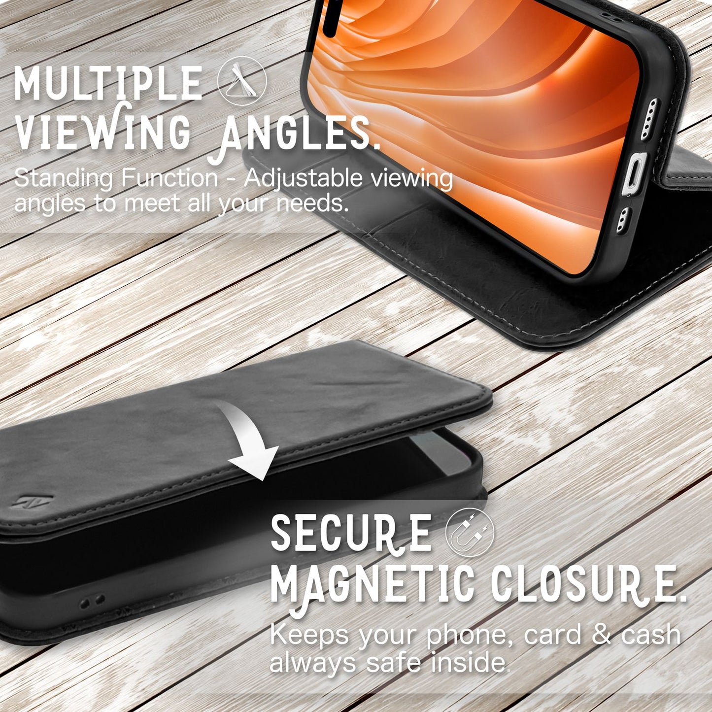 Echt Leder Hülle für iPhone 14 Pro Max, RFID Schutz Flipcase Handy Schutzhülle