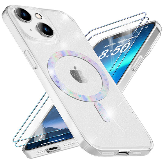 Blyze MagPower Glitzerhülle MagSafe Glamour-Design - iPhone 14 Passgenau; MagSafe Kompatibel; 2x Schutzglas