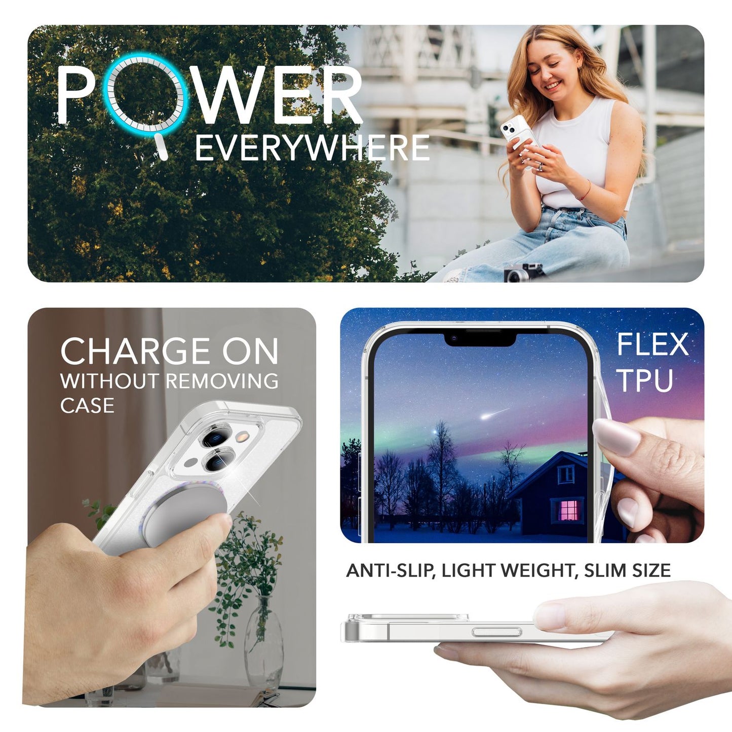 Blyze MagPower Glitzerhülle MagSafe Glamour-Design - iPhone 14 Passgenau; MagSafe Kompatibel; 2x Schutzglas