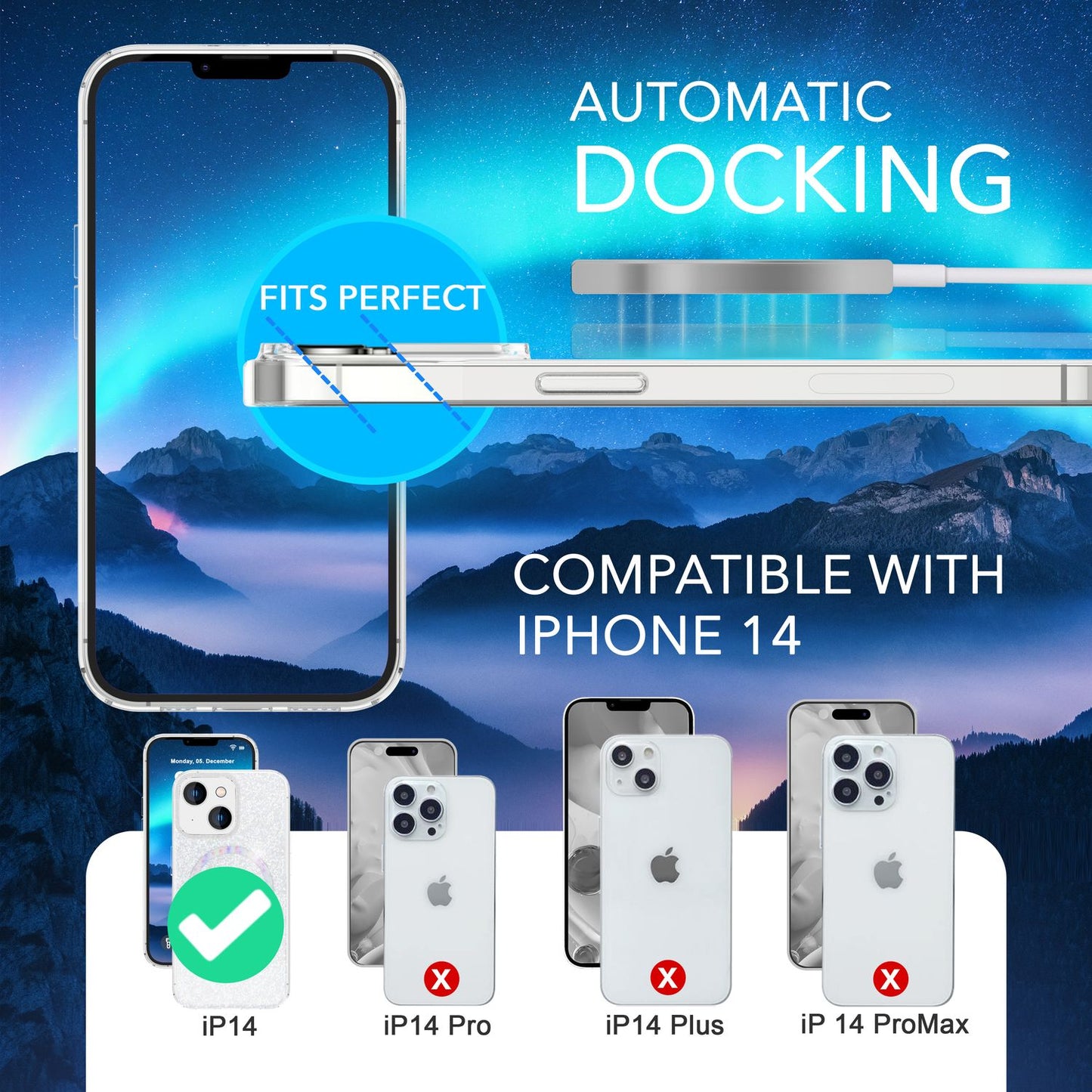 Blyze MagPower Glitzerhülle MagSafe Glamour-Design - iPhone 14 Passgenau; MagSafe Kompatibel; 2x Schutzglas