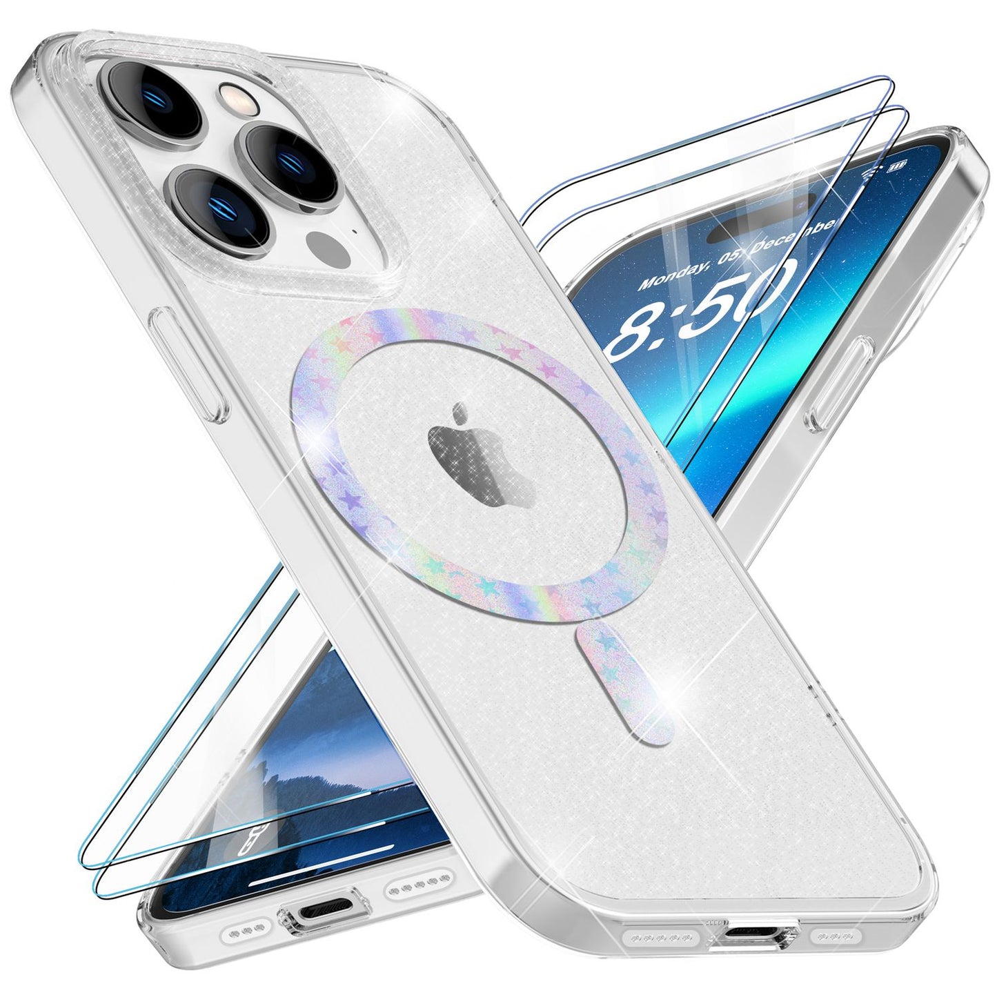 Glitzer-Hülle MagSafe und 2x Schutzglas für iPhone 14 Pro, Klar Display Folie