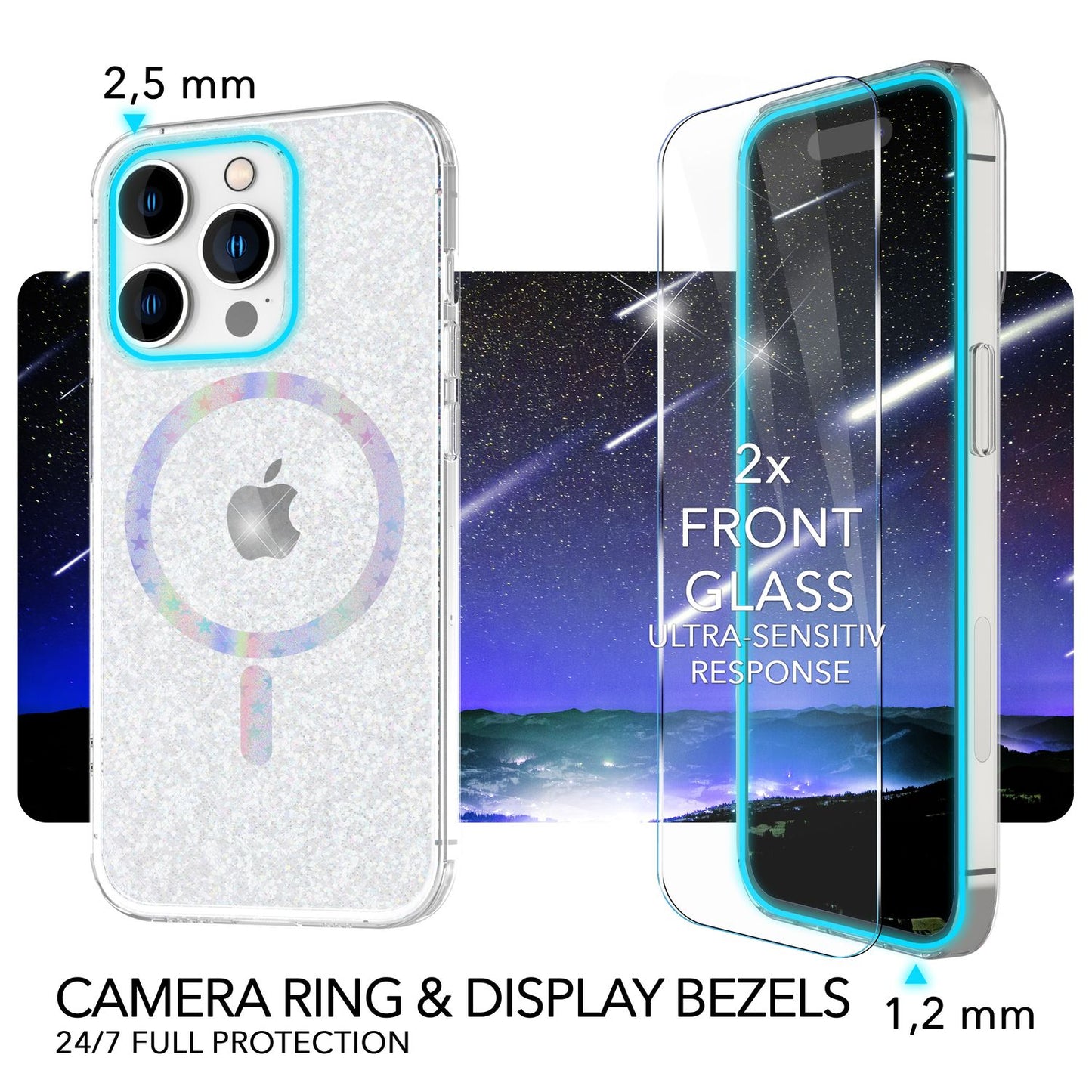 Glitzer-Hülle MagSafe und 2x Schutzglas für iPhone 14 Pro, Klar Display Folie