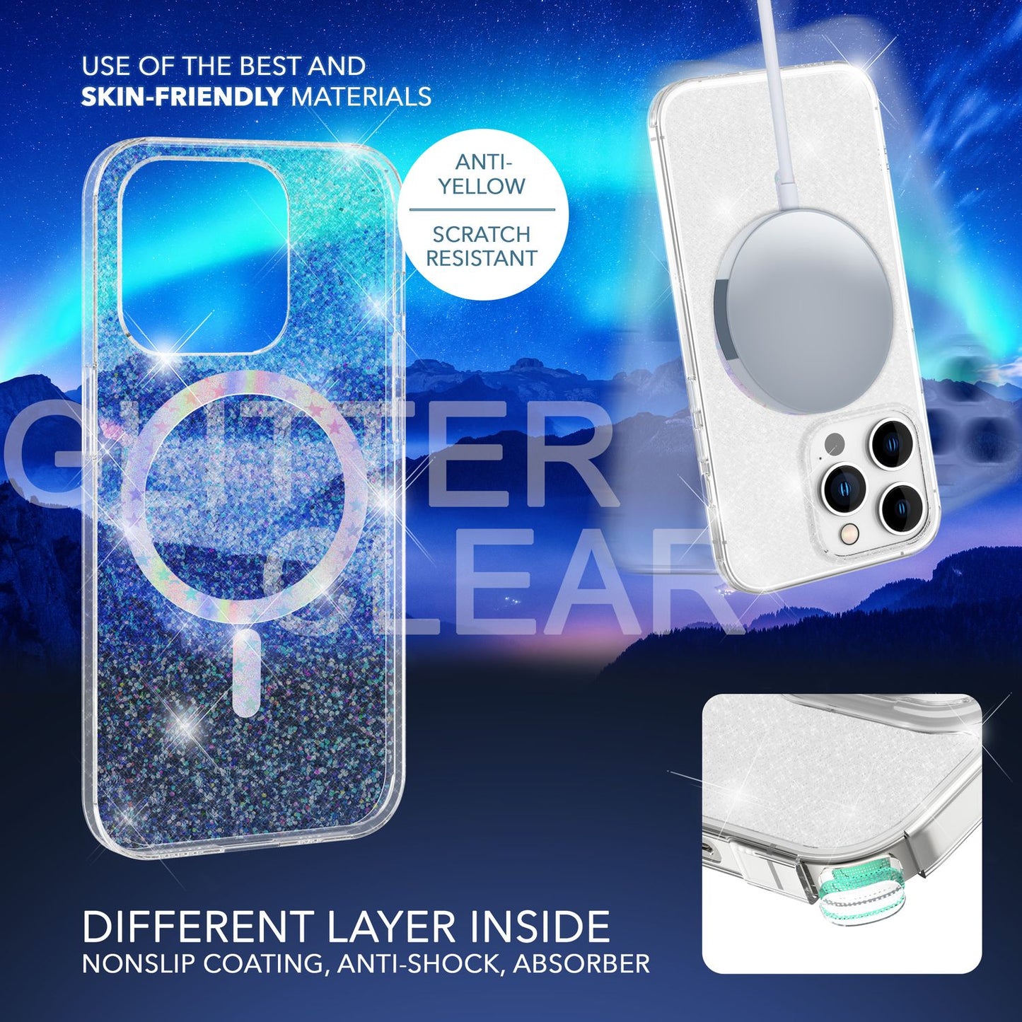 Glitzer-Hülle MagSafe und 2x Schutzglas für iPhone 14 Pro Max, Case Klar Folie