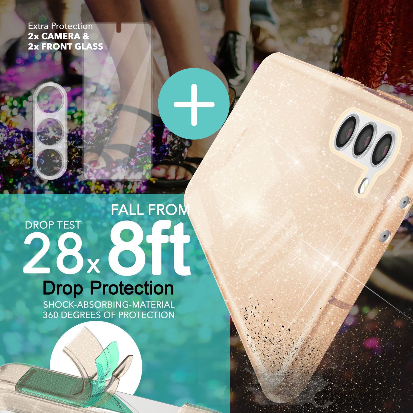 Glitzer Hülle für Samsung Galaxy S23, 2x Displayglas & Kameraschutz